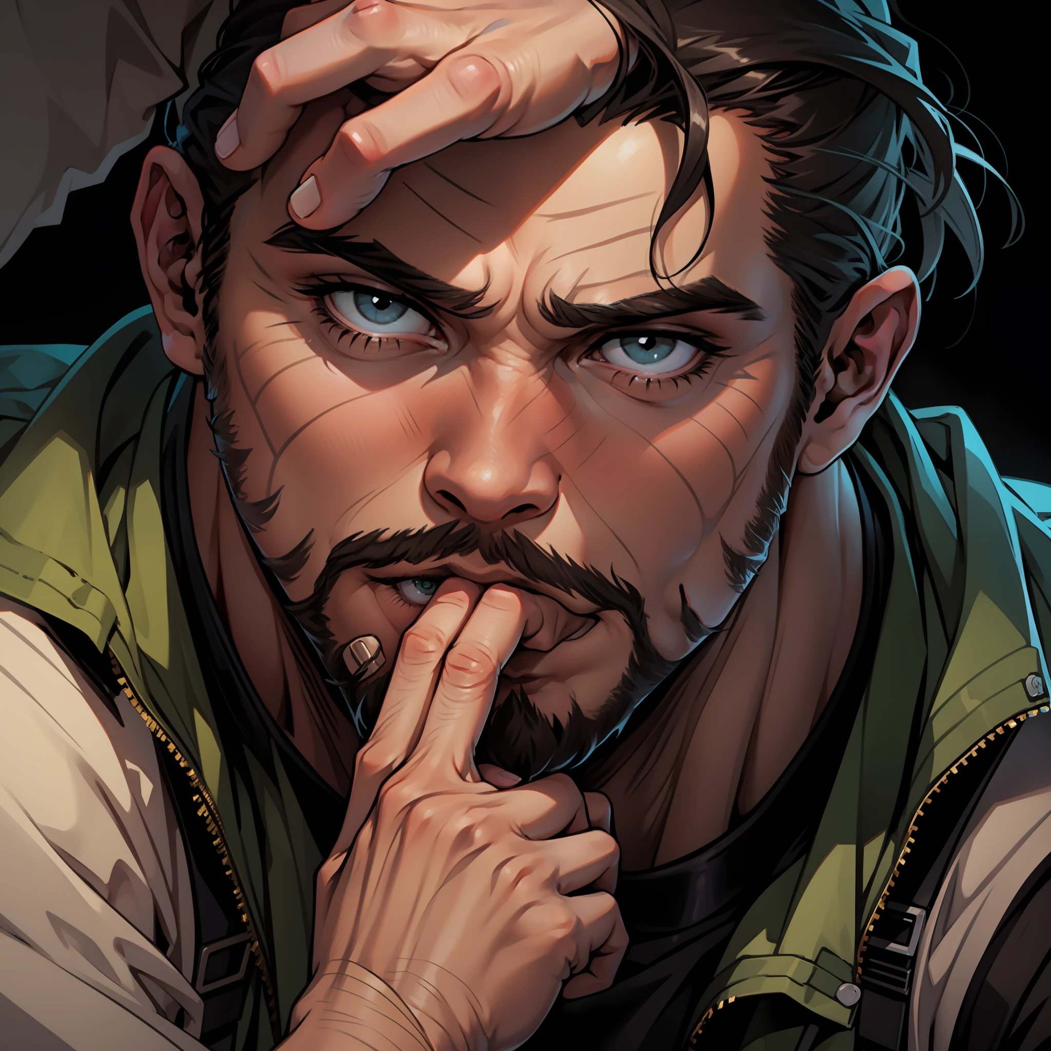 Totally realistic man, in the art style of Michelangelo with his hand on his head is the other on his chin questioning, serious face is curious --auto