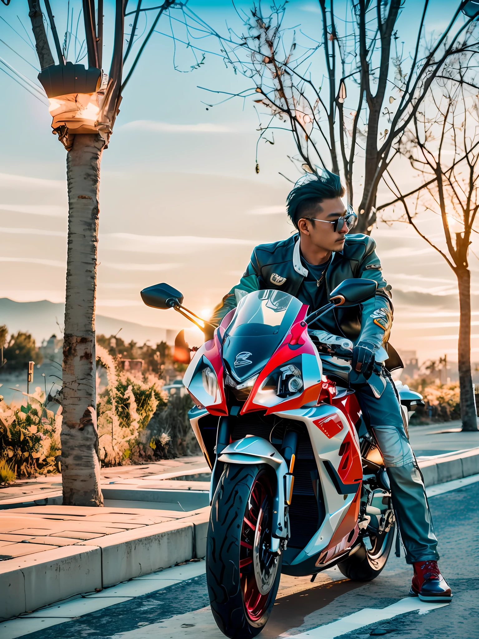 there is a man sitting on a motorcycle on the street, sitting on a motorcycle, motorbiker, shot on nikon d 3 2 0 0, riding a motorcycle, portrait shot 8 k, akira moto, motorcycle, inspired by Liu Haisu, taken with sony alpha 9, sitting on cyberpunk motorbike, photoshot, taken with sony a7r camera, photo - shot