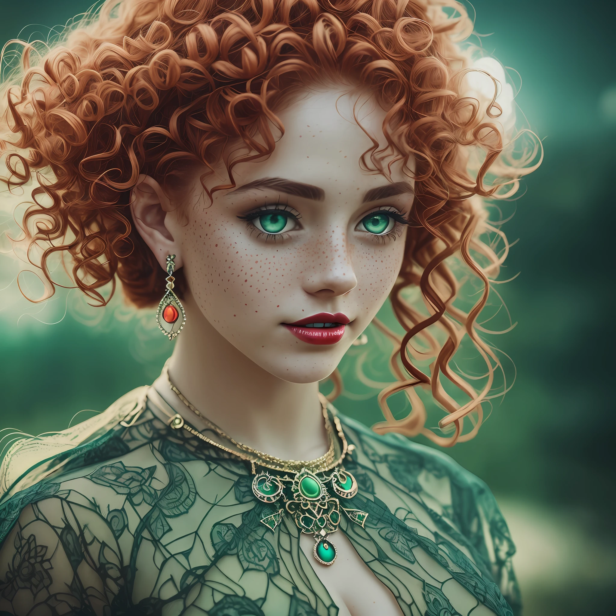 Beautiful girl with curly hair with shine, freckles on the face, shudder, long eyelashes, green solid circle eyes, red lips, light smile, large breasts, neckline, with white green and blue, back, round ass, a portrait of a ginger, slate atmosphere, cinematic, faded colors, dark shot, mute colors, grainy film, lut, insane details, intricate details,  hyperdetailed, closeup, twilight earrings and necklace, bracelets, ear blush, fangs, Surrealism, shadow cast, anaglyph, stereogram, tachi-e, pov, atmospheric perspective, 8k, super detail, accurate, best quality, night background in galaxy blurred