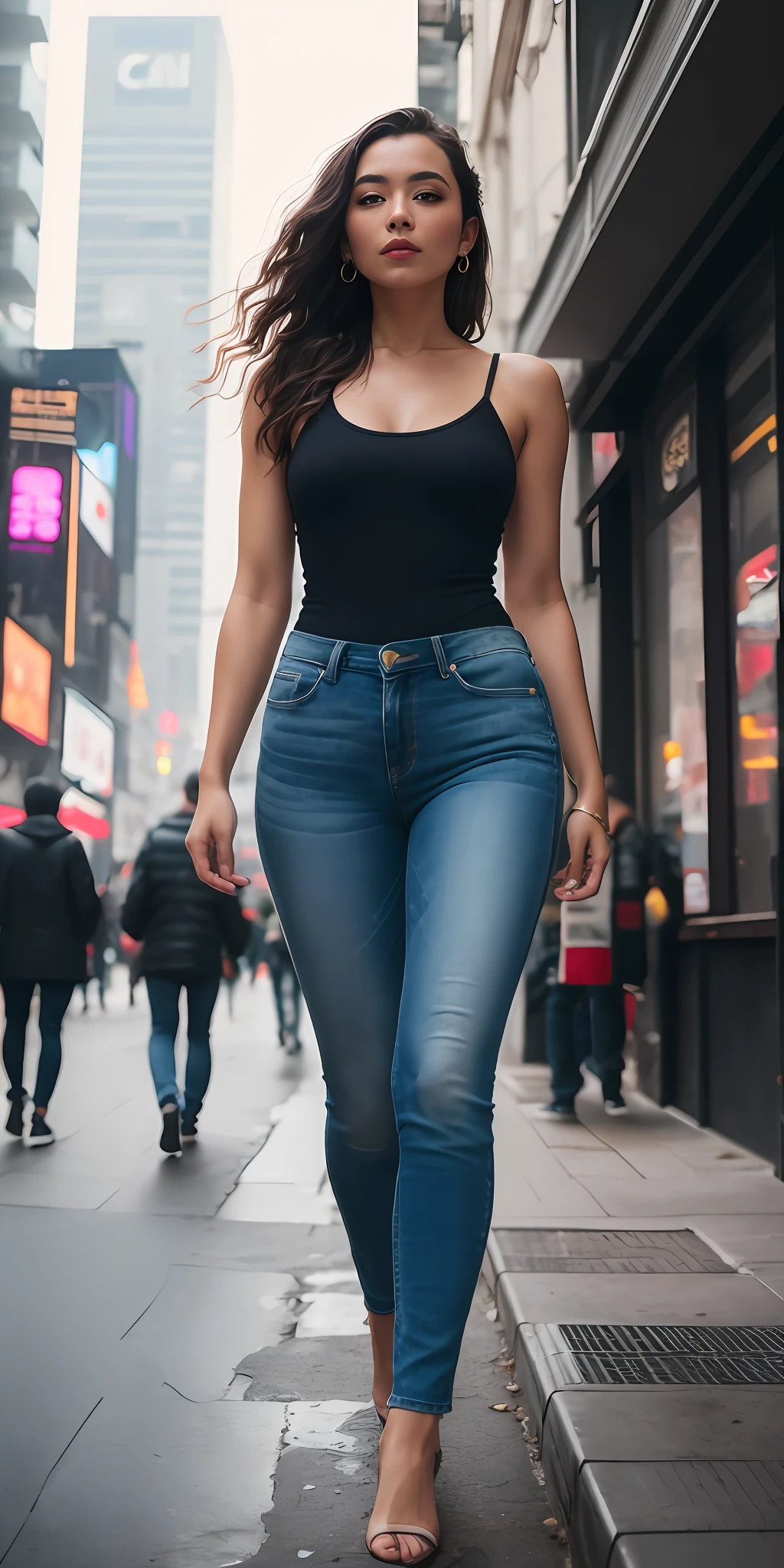 Full face portrait photo of a 25-year-old European girl, RAW, beautiful woman, semi-open strawberry lips, dimples, wistful look, (extra long wavy brown hair), ((detailed face)), ((detailed facial features)), (finely detailed skin), pale skin, (deep neckline detailed high-tech cyberpunk dress), cyberpunk megacity environment, (cool colors), damp, damp, reflections, (masterpiece) (perfect proportion)(realistic photo)(best quality) (detailed) shot on a Canon EOS R5, 50mm lens, F/2.8, HDR, (8k) (wallpaper) (cinematic lighting) (dramatic lighting) (sharp focus) (intricate), RAW photo, RAW photo, gigachad photo, posing for camera, black jeans, back arms, 8k uhd, dslr, high quality, grain film, Fujifilm XT3