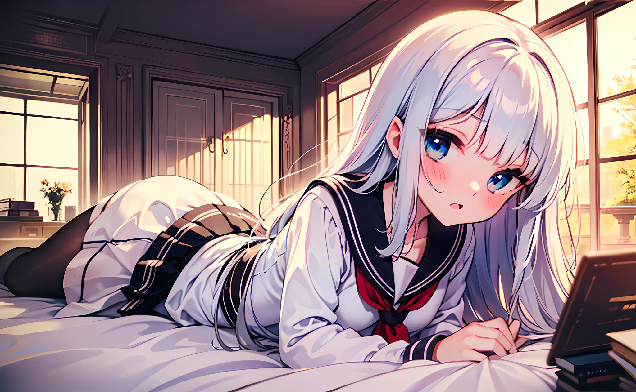 Best quality, super detailed, sunlight outside the window, a modern building, long hair, white hair, lying on your stomach, looking at the audience, blue eyes, bright eyes, glowing eyes, white walls, interior, white pillows, girls' room, white sailor clothes, 1 girl girl, (loli), {young}, solo, standing, happy, shy, cute, room background, (delicate background), (soft glow: 0.7), {{illustration}}, (Best Character Detail: 1.36), Masterpiece, White Curtains, White Stockings, Black Pleated Skirt, Very Close to Viewer, White Silk of Seduction, Glass Window, Beautiful Glow Detail, Sunlight, Halo, Blush, White Computer, White Keyboard, White Doll, White Throw Pillow, White Bookshelf, Books,