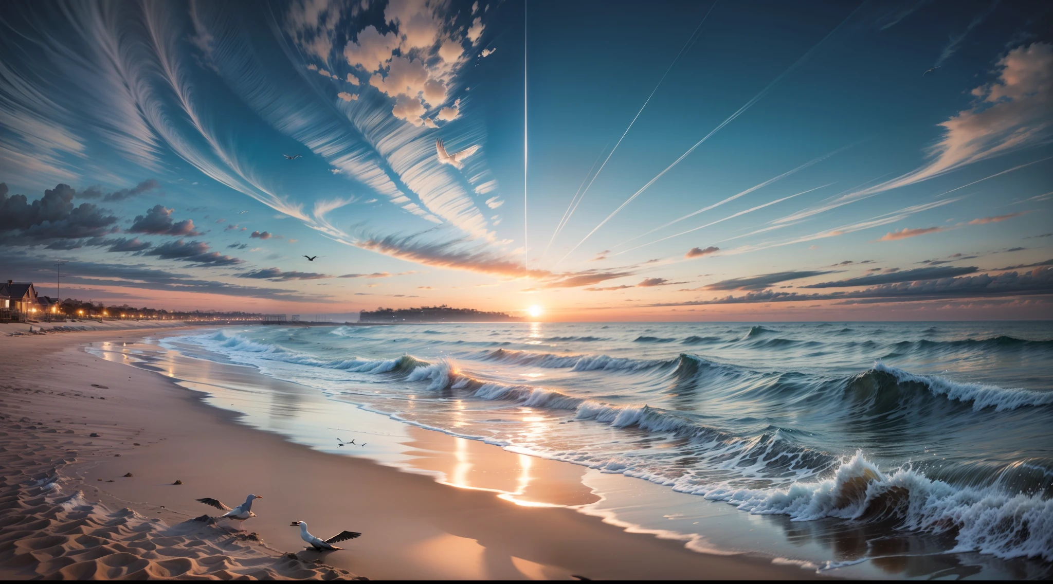 A serene beach scene at sunset, with an orange parasol standing tall on the grey sand. The sky is painted in hues of blue and orange, creating a breathtaking backdrop. Gentle waves roll onto the shore, reflecting the vibrant colors of the sky. A few seagulls soar gracefully overhead, adding to the tranquility of the scene. The wide-angle 16:9 composition captures the vastness of the beach, inviting viewers to immerse themselves in its beauty. Photography, shot with a high-quality DSLR camera using a wide-angle lens
