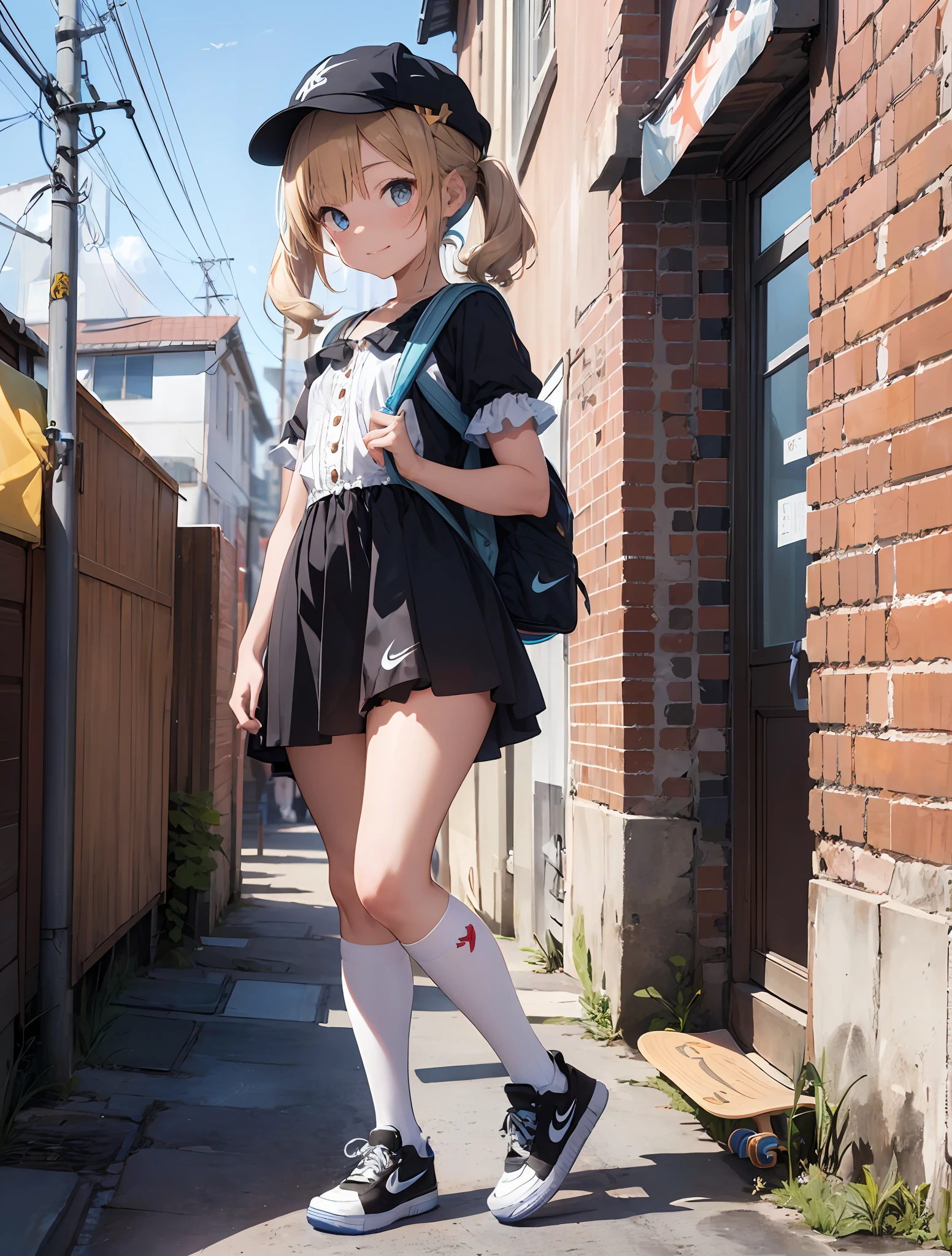 high ultra detailed,8k photo,ultra realistic, professional light,
photorealistic backgrounds, visual depth, bokeh, wide shot,full body,
((12 yo,cute,loli,small hip,flat chest,cat ear)),1girl,blonde hair,blue eye,
colored inner hair,side up short twintail,curly hair,diagonal bangs,angelic smile,
((lolita fashion:1.5, lace, frilled blouse, a white petticoat, knee-high socks,hat,Nike air force 1 sneakers))BREAK
((cat toys, stuffed toy, bagpack,skateboard)),
glowing neon-themed accessories:1.5,