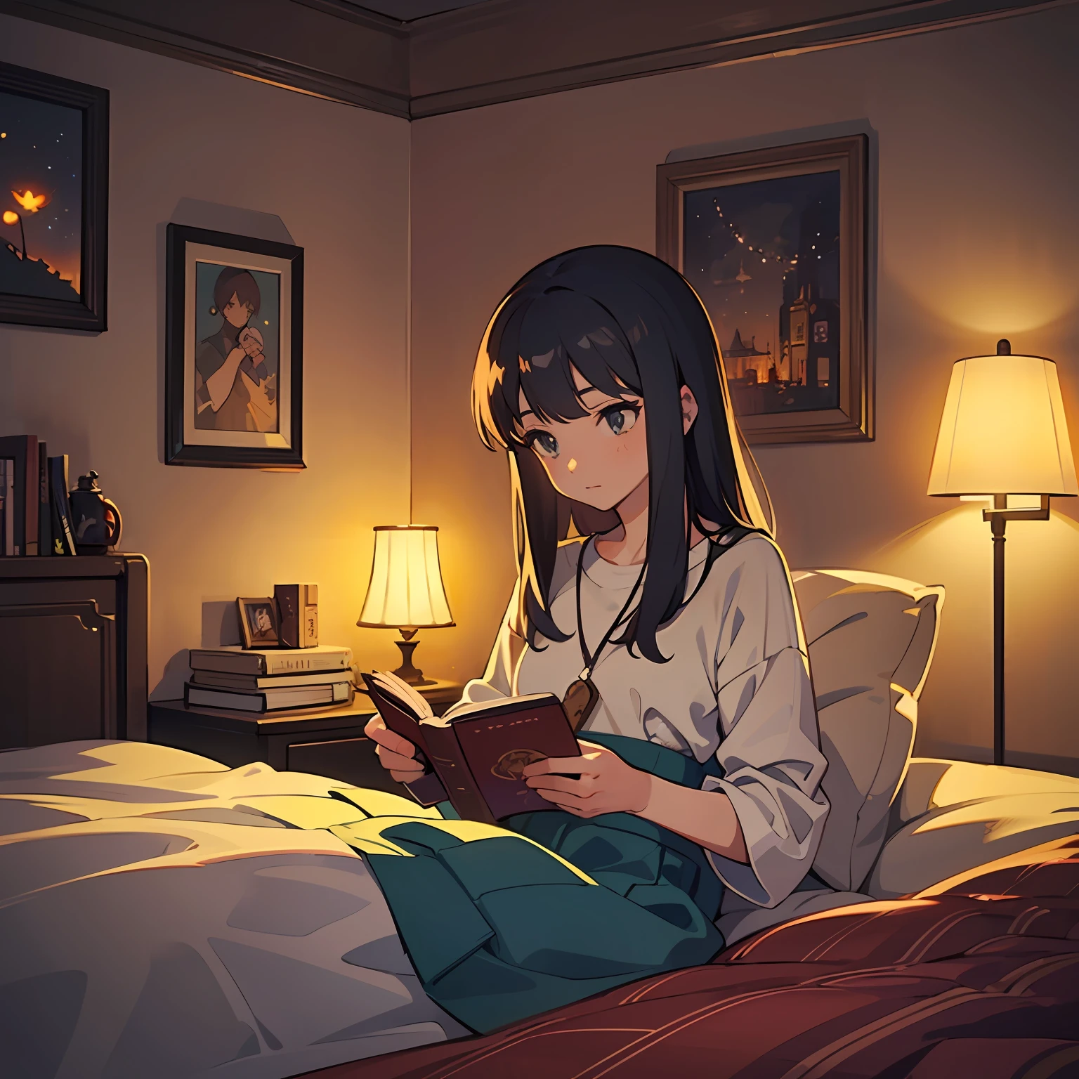cartoon girl reading a book in her bed in a room with lights, cozy wallpaper, relaxing concept art, cozy environment, lofi art, cozy atmosphere, cozy room, cozy atmospheric, cozy place, lofi artstyle, dreamy illustration, pleasant cozy atmosphere, cozy night fireflies, lofi, cute detailed digital art, cozy home background, anime background art --auto