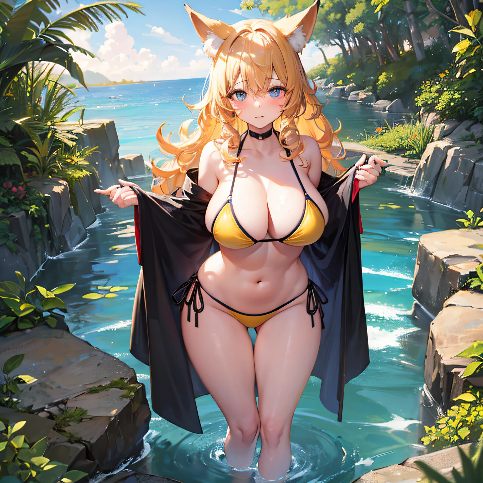 Absolutely beautiful fox charmer, perfect slim body, mature, yellow hair, large curly hair, bikini swimsuit, sexy and seductive, beautiful face, full body portrait, standing pose, 4K picture quality, big body, charming expression, blush shy, outrageous bust, deep eyes, seaside bath, plump big