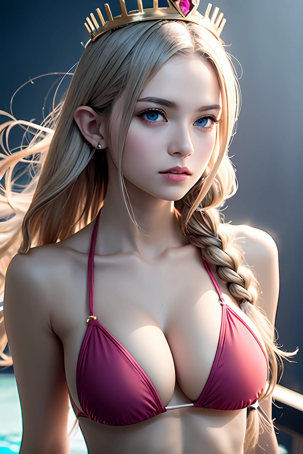 Ultra-detailed complex 3D rendering of the face, (Colossal: 8.8), (masterpiece, top quality, octane rendering,), glamour shots full body image, very beautiful young elf, cleavage, (highly detailed skin: 1.2), (exposure: 1.1), blonde, ((((Red Pachinko Bikini: 1.95)))). 40k, ((very soft breasts)), ((conspicuous large pink areola)). Beautiful Caucasian woman with white skin with full soft breasts and white skin, one person, long braided hair, big breasts, dynamic angle, mystical expression, ultra-realistic photo, (((portrait)))), bare feet, futuristic city background, facial muscles, detailed and beautiful gold crown, in the style of Marvel Comics, ArtStation trends, clear focus, studio photography, Intricate detail, highly detailed, detailed blue eyes, highly detailed, sharp focus, digital rendering, professional, abs, dark gray background,