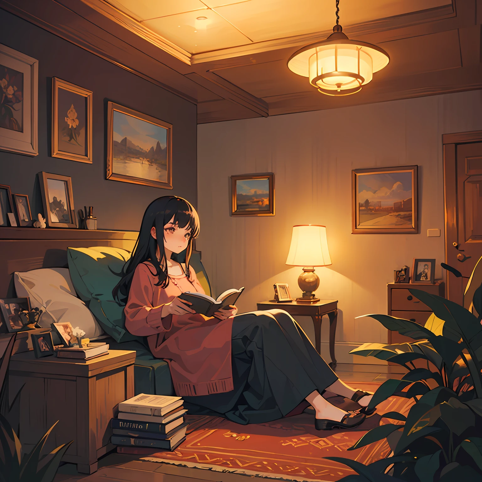 cartoon girl reading a book in her bed in a room with lights, cozy wallpaper, relaxing concept art, cozy environment, lofi art, cozy atmosphere, cozy room, cozy atmospheric, cozy place, lofi artstyle, dreamy illustration, pleasant cozy atmosphere, cozy night fireflies, lofi, cute detailed digital art, cozy home background, anime background art --auto