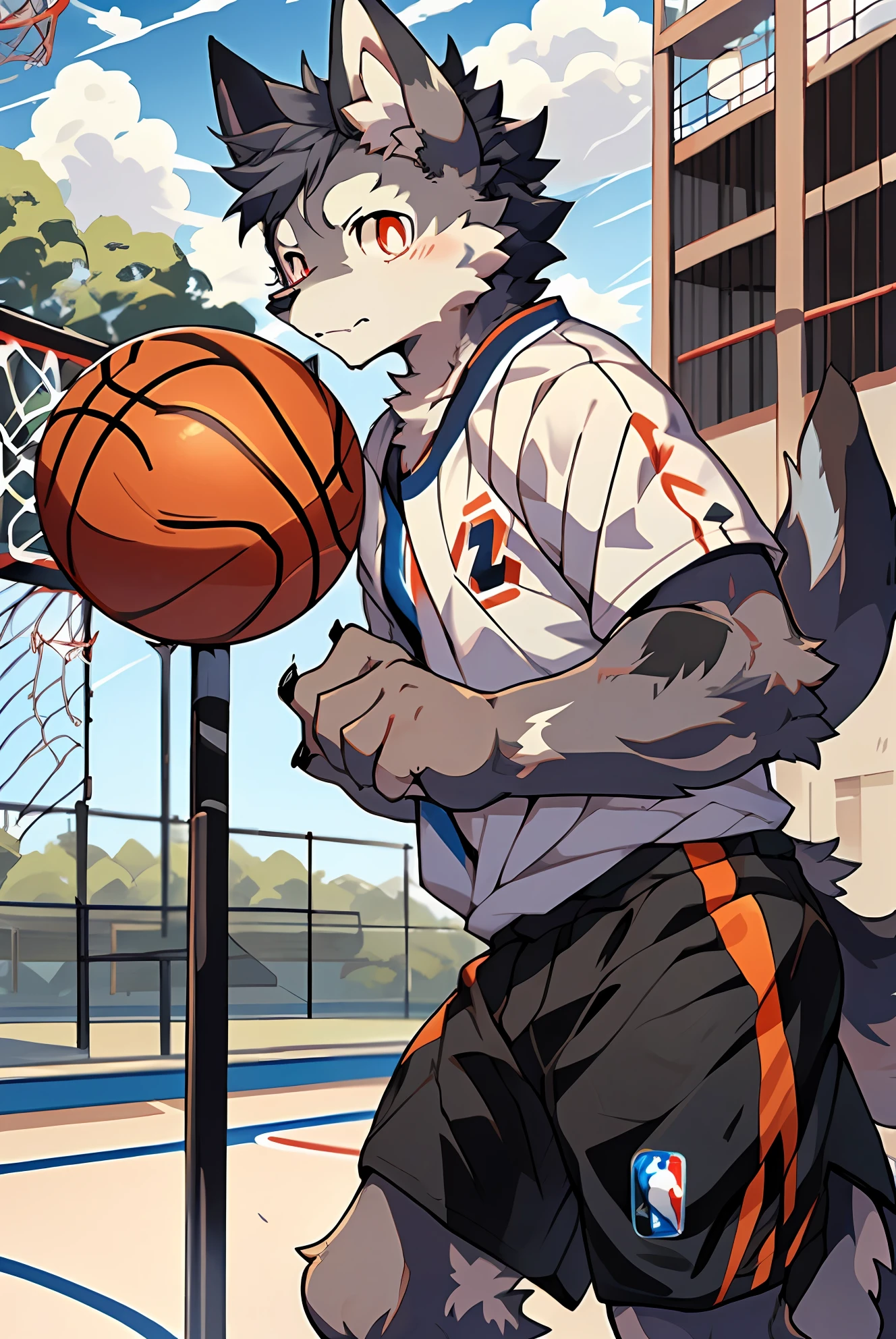 NBA，Kawhi Leonard，(basketball court:0.8),masterpiece,high quality,abstract res,digital painting\(artwork\), by dagasi, yupa,kiyosan,(anthro,fluffy fur,character focus:1.1),anthro male dog,short hair,portrait , Bright eyes, Panoramic View, Character focus.(Detailed Background:0.7), furry, Hairy Male, Male focus, anthr,(Full Body Fur, Fluffy tail, Dark black fur, red eyes, Gray hair:1.2), (Long canids、Leonard、Dark black hair,number 2、Loose shirt：1.2），（outdoor、Daytime、basketball court、Basketball：1.1）,furry,#00131B,Serious expression,Basketball action
