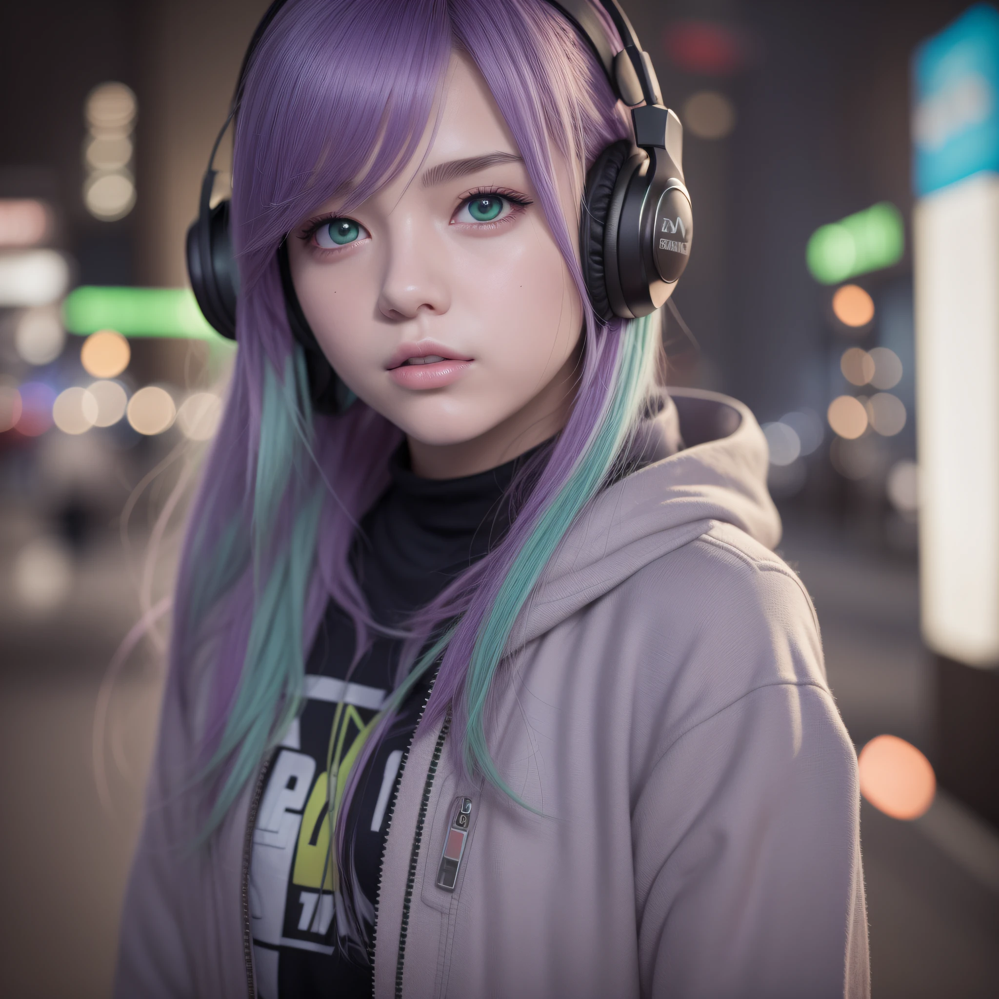 girl with headphones ,green hairl purple eyes cyberpunk,8K extremely detailed, smooth, high resolution, ultra quality, highly detailed eyes, highly detailed mouth, highly detailed face, perfect eyes, both eyes are equal, true light, brightness, iridescent, global lighting, real hair movement, real light, real shadow, real face, hd, 2k, 4k, 8k, 16k, realistic light, realistic shadow, bright eyes, fluorescent eyes, soft light, dream light,anime, 3d, japan, pixar, masterpiece, best quality, half body, portrait, night city
