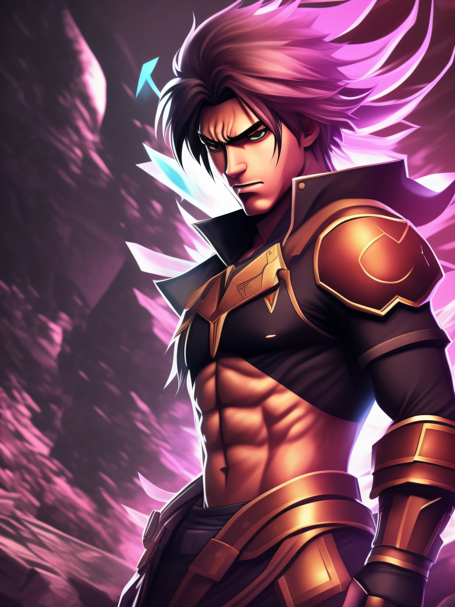 wallpaper featuring a central Fortnit-style (male character). He stands confident in the center, wearing a style and bold outfit, with a determined expression on his face. The background is clear and brave, with a sense of danger and intensity.
