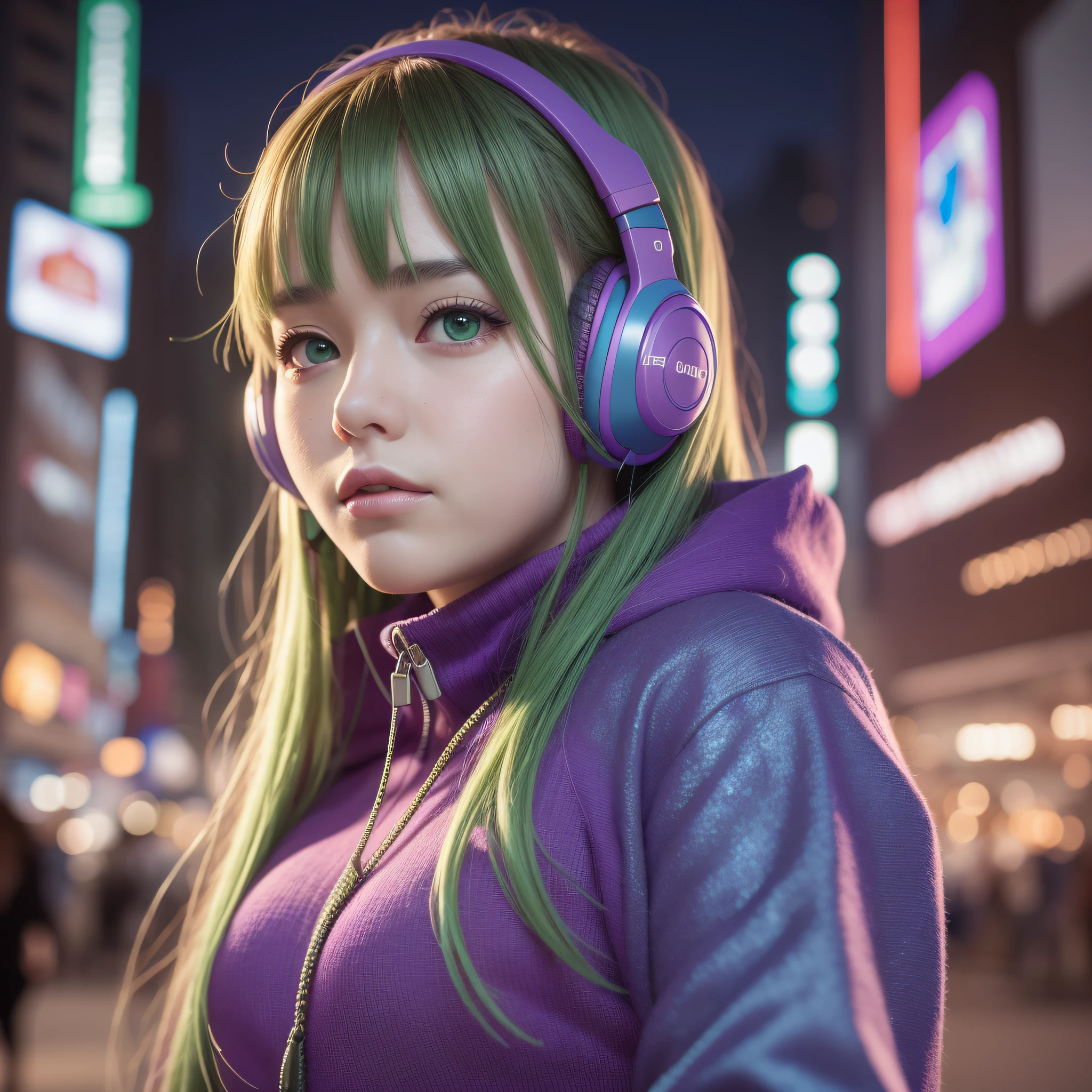 girl with headphones ,green hairl purple eyes cyberpunk,8K extremely detailed, smooth, high resolution, ultra quality, highly detailed eyes, highly detailed mouth, highly detailed face, perfect eyes, both eyes are equal, true light, brightness, iridescent, global lighting, real hair movement, real light, real shadow, real face, hd, 2k, 4k, 8k, 16k, realistic light, realistic shadow, bright eyes, fluorescent eyes, soft light, dream light,anime, 3d, japan, pixar, masterpiece, best quality, half body, portrait, night city