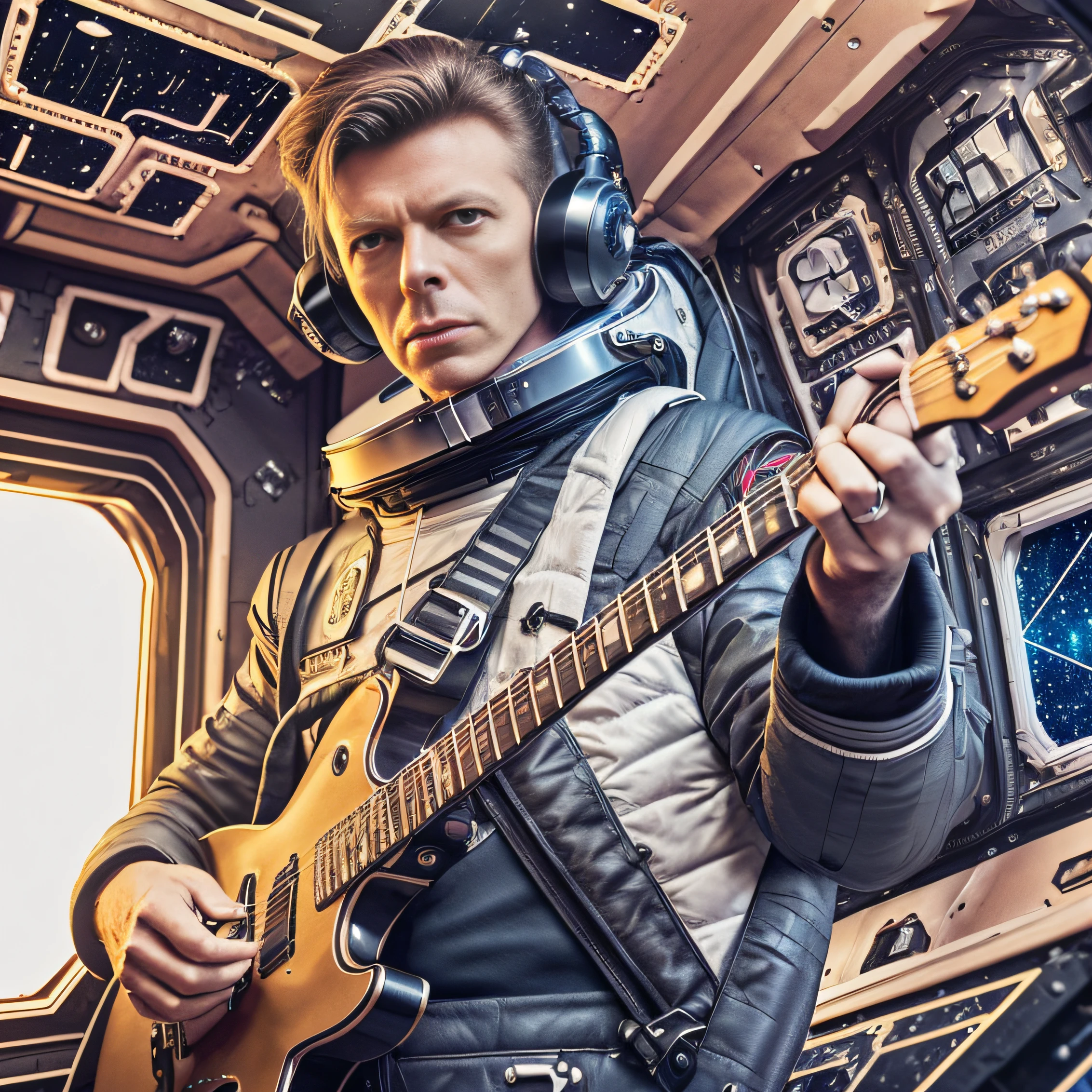 David Bowie, teen, makeup, guitar finder, makeup kit, floating, Star trek outfit, (((chameleon)))), (((inside spacecraft)))), filmed on Hasselblad H4D 200MS Digital Camera, (((ultra realistic))), (((super detailed)).natural photo, filmed on a professional camera, American cut, HDR, soft and warm lighting, detailed and realistic equipment, HD wallpaper, UHD image. --auto