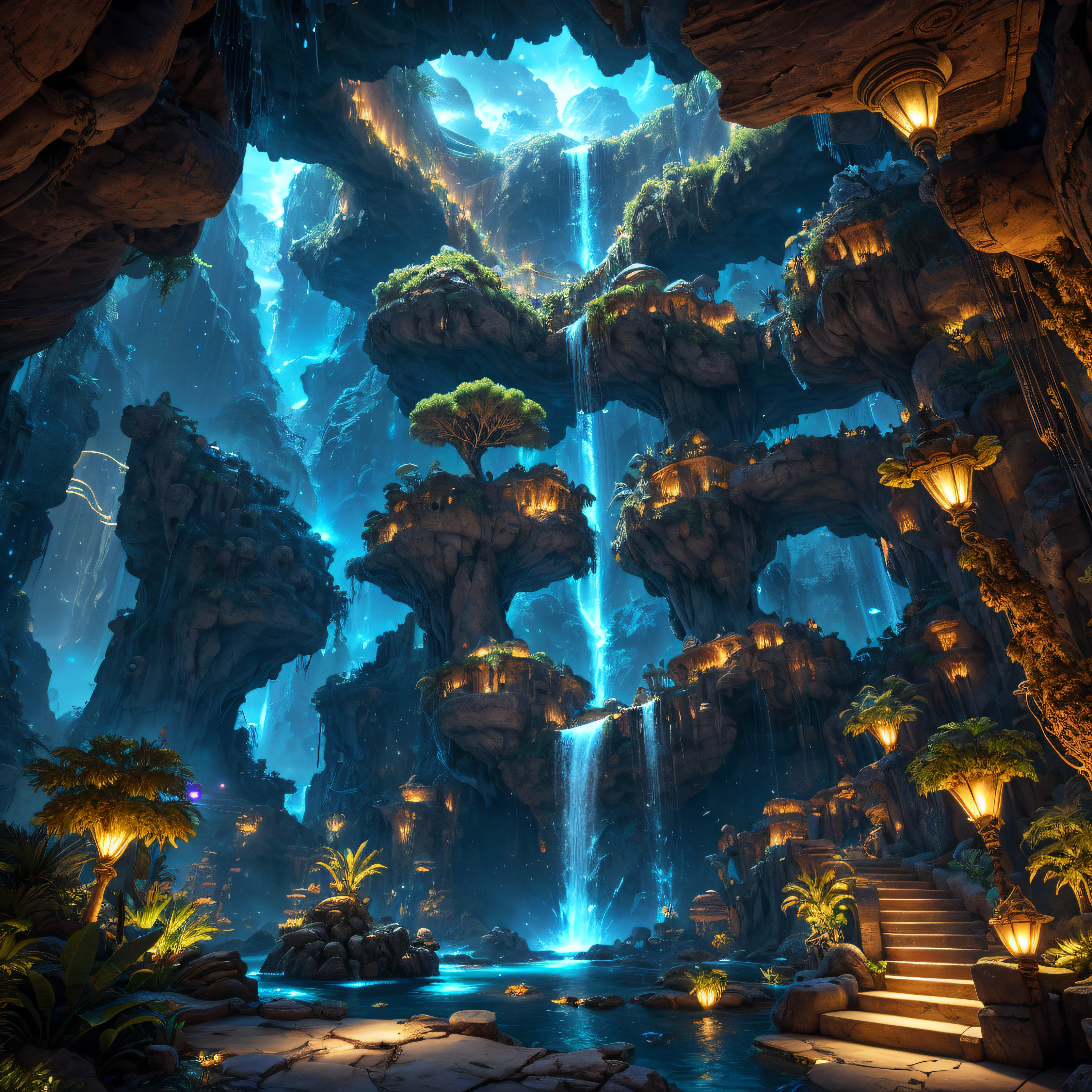 incredible Na'vi-inspired luxurious futuristic store interior in Ancient Egyptian style with many ((lush plants)) (lotus flowers), ((palm trees)), rocky walls, (sand), ((waterfalls)) (marble), ((precious minerals)), ((metals)), (gemstones), crystals, clouds and ((water)), (hieroglyphics), ((trees and plants made out of gemstones and precious minerals and lights)), (((ultra luxury))), (black marble) – with ((beautiful lights)), Unreal Engine, HQ, 16k