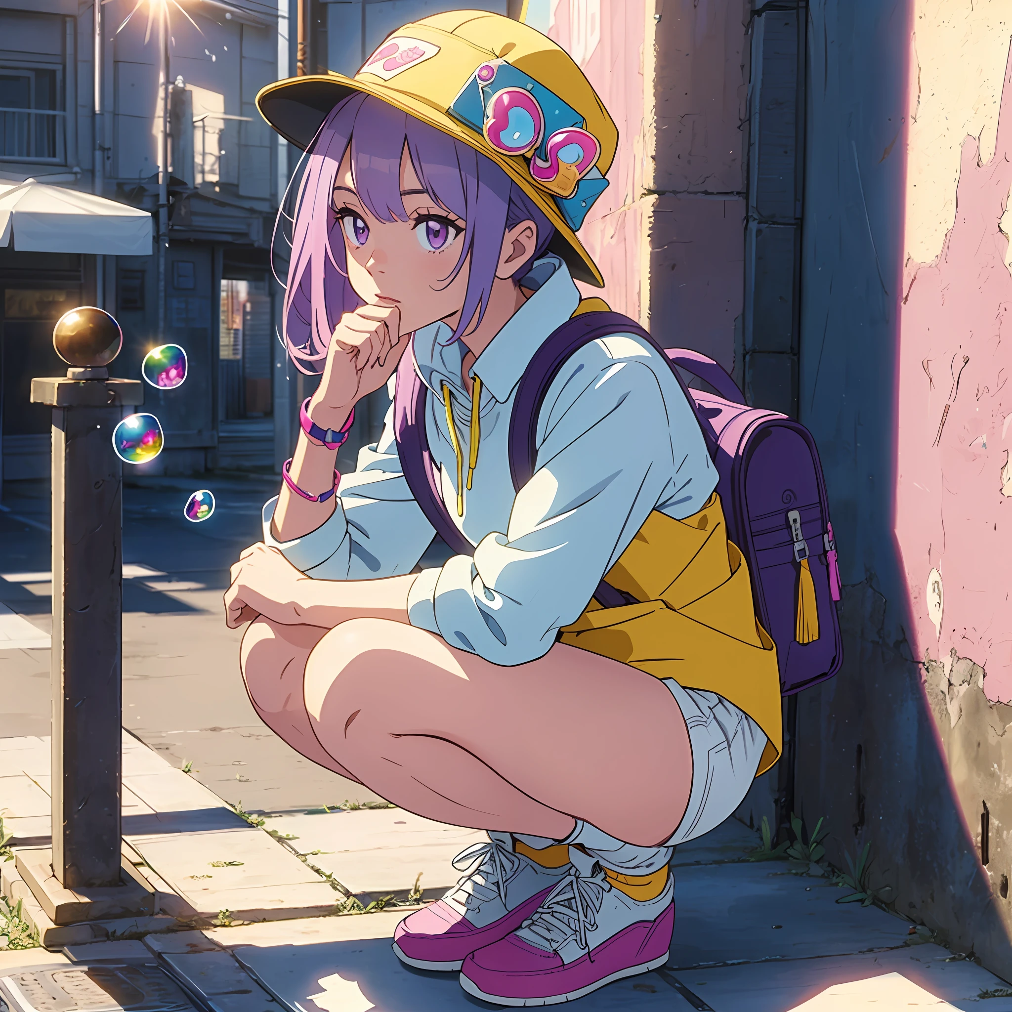 (Masterpiece), (Best Quality), (Extra Detail: 1.4), (Long Blue and Pink Hair), (Purple Eyes), (Bubble Gum), (Hip Hop Style), Purple Hat, (Carrying Yellow Backpack), Squatting on an Iron Railing, One Hand Hanging Between Your Feet, the Other on Your Cheek, and the Sun Rising from Behind --auto --s2