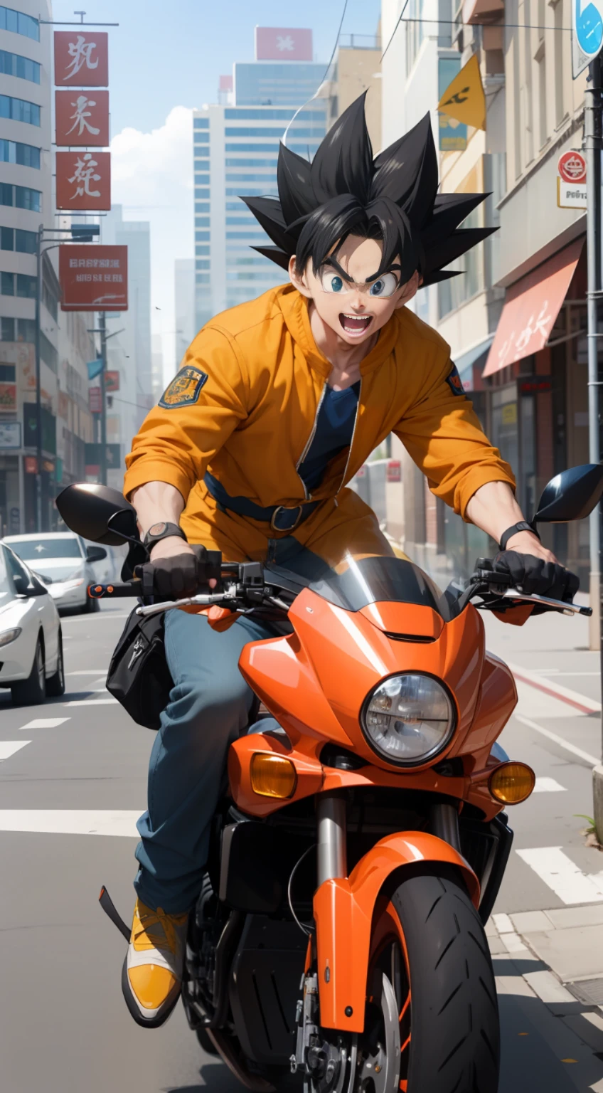 Goku: A young man dressed in orange and blue, wearing a red belt and wristband, and holding a courier bag with a star and dragon emblem in his hand. He rides a flying motorcycle with a yellow helmet and a tail sticking out. He has black pointed hair and a cheerful smile on his face. He is delivering food to customers in the city, avoiding traffic and obstacles along the way. He looks like Goku in Dragon Ball. Please draw the eye part of this picture more finely, the facial expression should be coordinated, do not distort, tear, close to the building, and fine the appearance of the facial features
