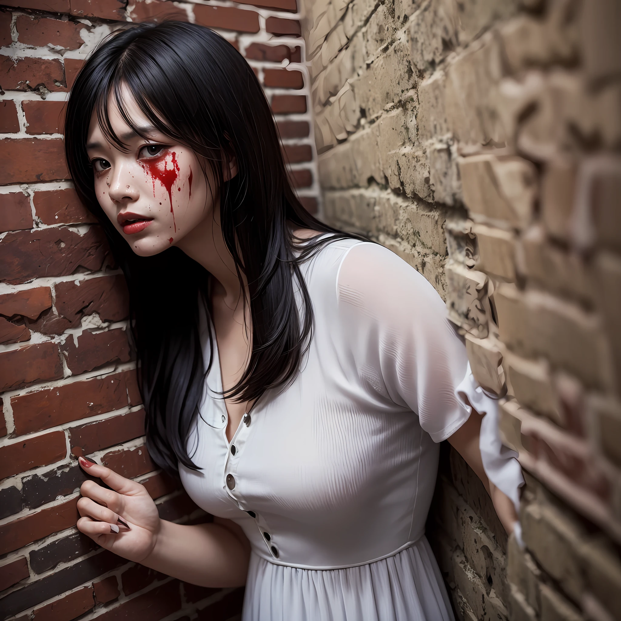 A woman with a disfigured face walled up on an antique brick wall, the woman has black hair and a white dress and blood stains on her hands. --auto