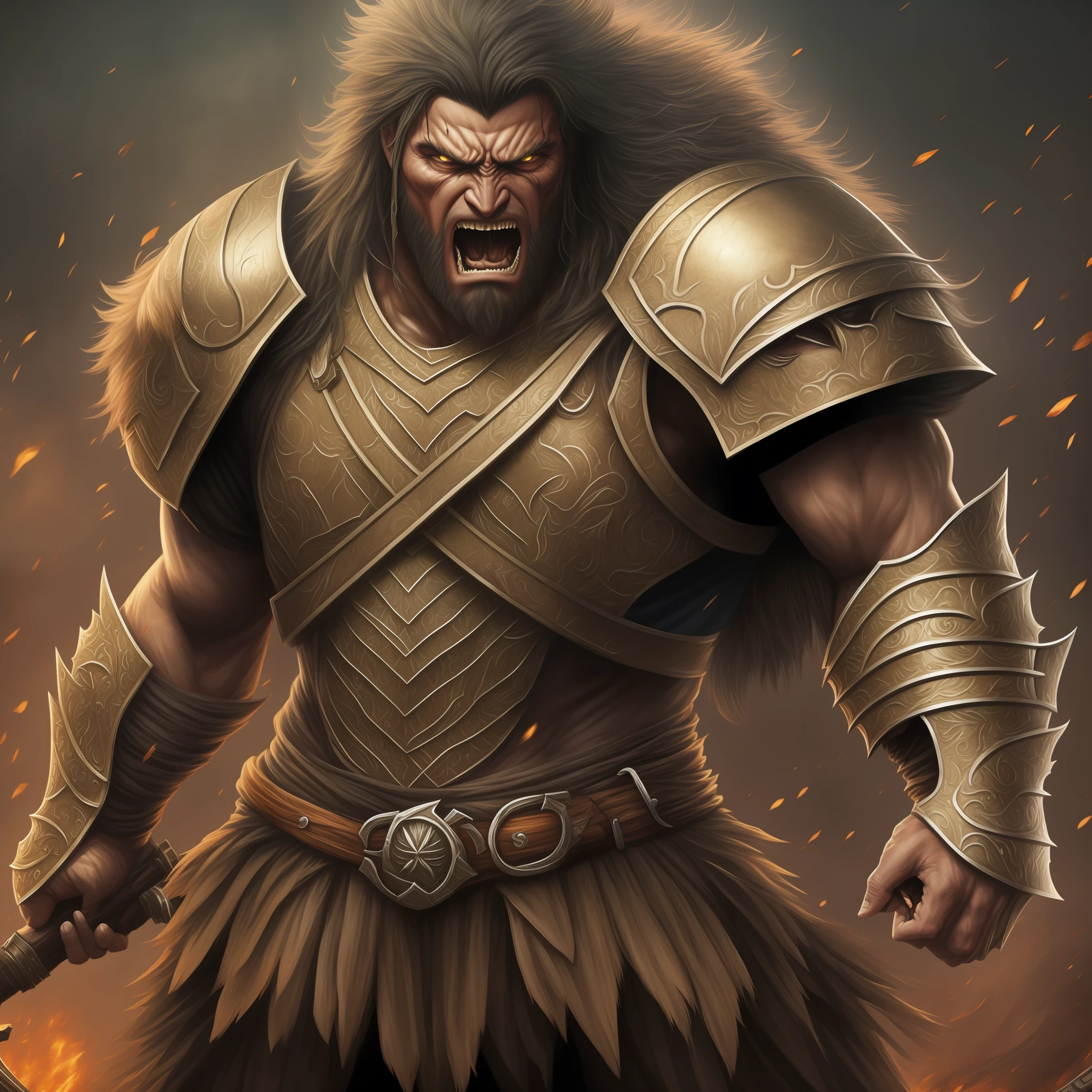 Berserk guts, masterpiece, best quality, art station, 8k, fantasy painting of (dark barbarian man: 1.2), angry, long hair, bear armor, bear hood, highly detailed texture, sharp focus, cowboy shot