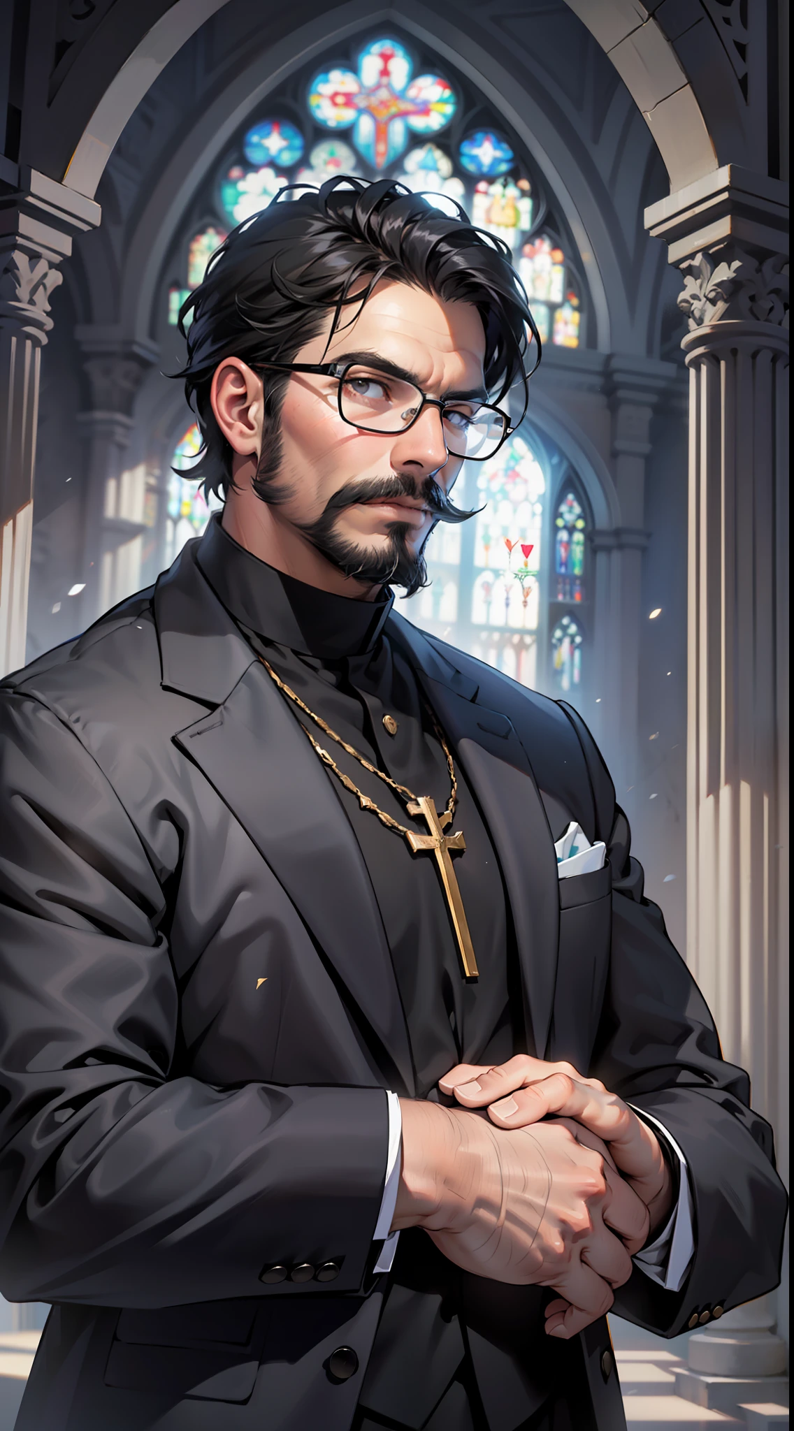 (extremely detailed 8k wallpaper), dark theme, modern horror, 2020s, (middle-aged man), (wearing priest's suit), sharp focus, (subsurface scattering:1.1), award-winning photograph, centered face, realistic photo, face of Father Fábio de Melo, full-body shot profile:1.1, short black hair, black eyes, black beard and mustache, glasses, indifferent expression, Catholic church interior, dramatic lighting