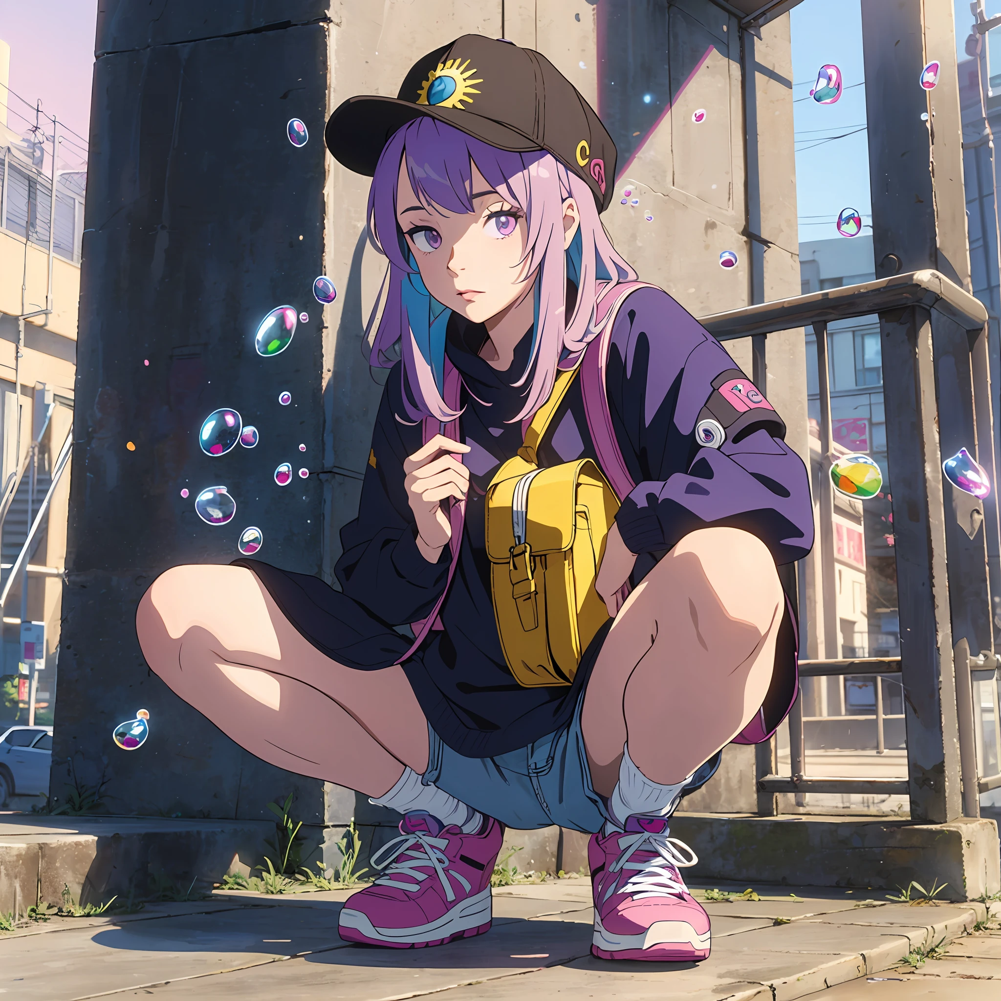 (Masterpiece), (Best Quality), (Extra Detail: 1.4), (Long Blue and Pink Hair), (Purple Eyes), (Bubble Gum), (Hip Hop Style), Purple Hat, (Carrying Yellow Backpack), Squatting on an Iron Railing, One Hand Hanging Between Your Feet, the Other on Your Cheek, and the Sun Rising from Behind --auto --s2