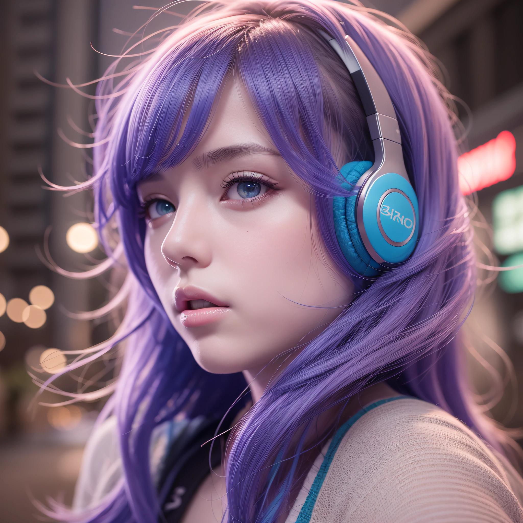 girl with headphones,colorful hair, cyberpunk blue eyes,8K extremely detailed, smooth, high resolution, ultra quality, highly detailed eyes, highly detailed mouth, highly detailed face, perfect eyes, both eyes are equal, true light, brightness, iridescent, global lighting, real hair movement, real light, real shadow, real face, hd, 2k, 4k, 8k, 16k, realistic light, realistic shadow, bright eyes, fluorescent eyes, soft light, dream light,anime, 3d, japan, pixar, masterpiece, best quality, half body, portrait, night city