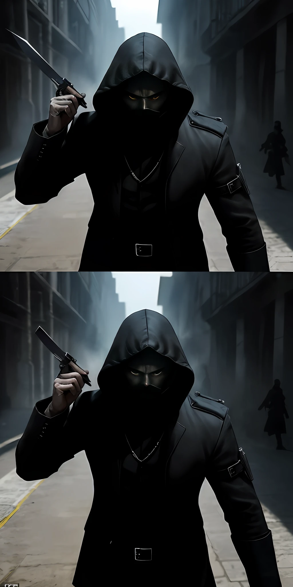 Villain 1: Black Whisper
Description:
Black Whisper is a silent and ruthless killer, a master of secrecy and stealth. He is always dressed in black, with a hood that hides his face and emanates a dark aura. Its movements are fast and precise, leaving only a trail of shadows wherever it passes.
Skills:
Black Whisper possesses the ability to become invisible in the shadows, allowing him to move undetected. He is an expert in hand-to-hand combat, using his hidden blades and agility to eliminate his targets without leaving a trace. In addition, he is a master of psychological torture, using his dark words to sow discord among the heroes.
Motivation:
Black Whisper is loyal to the Shadow Regent, following his orders and executing his missions with lethal precision. Their motivation is fueled by a belief in the supremacy of shadows over light. He believes that heroes are false protectors of the truth and seeks to prove that darkness is the only true form of existence.