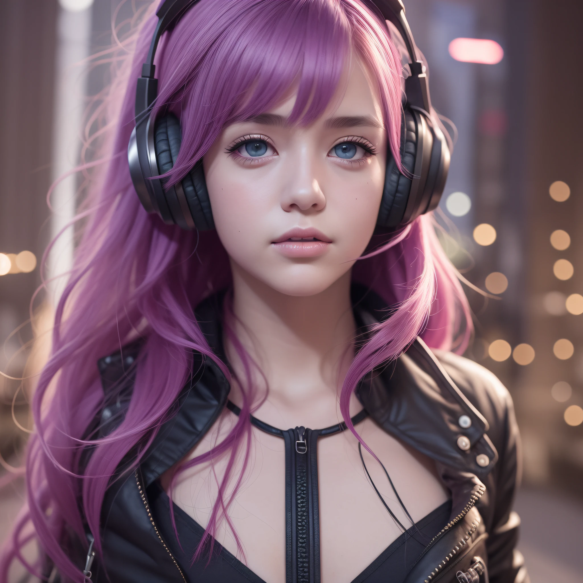 girl with headphones,colorful hair, cyberpunk blue eyes,8K extremely detailed, smooth, high resolution, ultra quality, highly detailed eyes, highly detailed mouth, highly detailed face, perfect eyes, both eyes are equal, true light, brightness, iridescent, global lighting, real hair movement, real light, real shadow, real face, hd, 2k, 4k, 8k, 16k, realistic light,  realistic shadow, bright eyes, fluorescent eyes, soft light, dream light,anime, 3d, japan, pixar, masterpiece, best quality, half body, portrait, night city