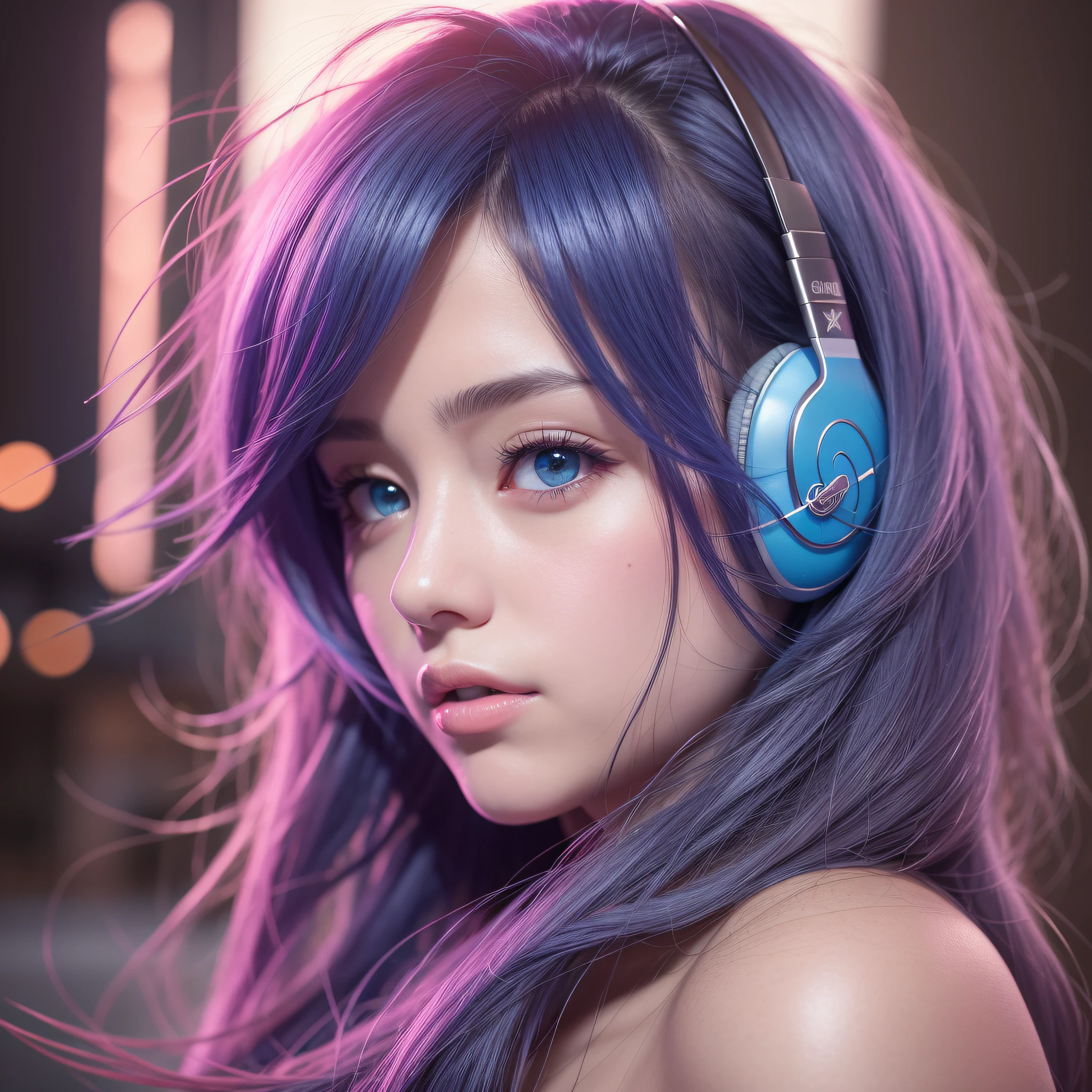 girl with headphones,colorful hair, cyberpunk blue eyes,8K extremely detailed, smooth, high resolution, ultra quality, highly detailed eyes, highly detailed mouth, highly detailed face, perfect eyes, both eyes are equal, true light, brightness, iridescent, global lighting, real hair movement, real light, real shadow, real face, hd, 2k, 4k, 8k, 16k, realistic light, realistic shadow, bright eyes, fluorescent eyes, soft light, dream light,anime, 3d, japan, pixar, masterpiece, best quality, half body, portrait, night city