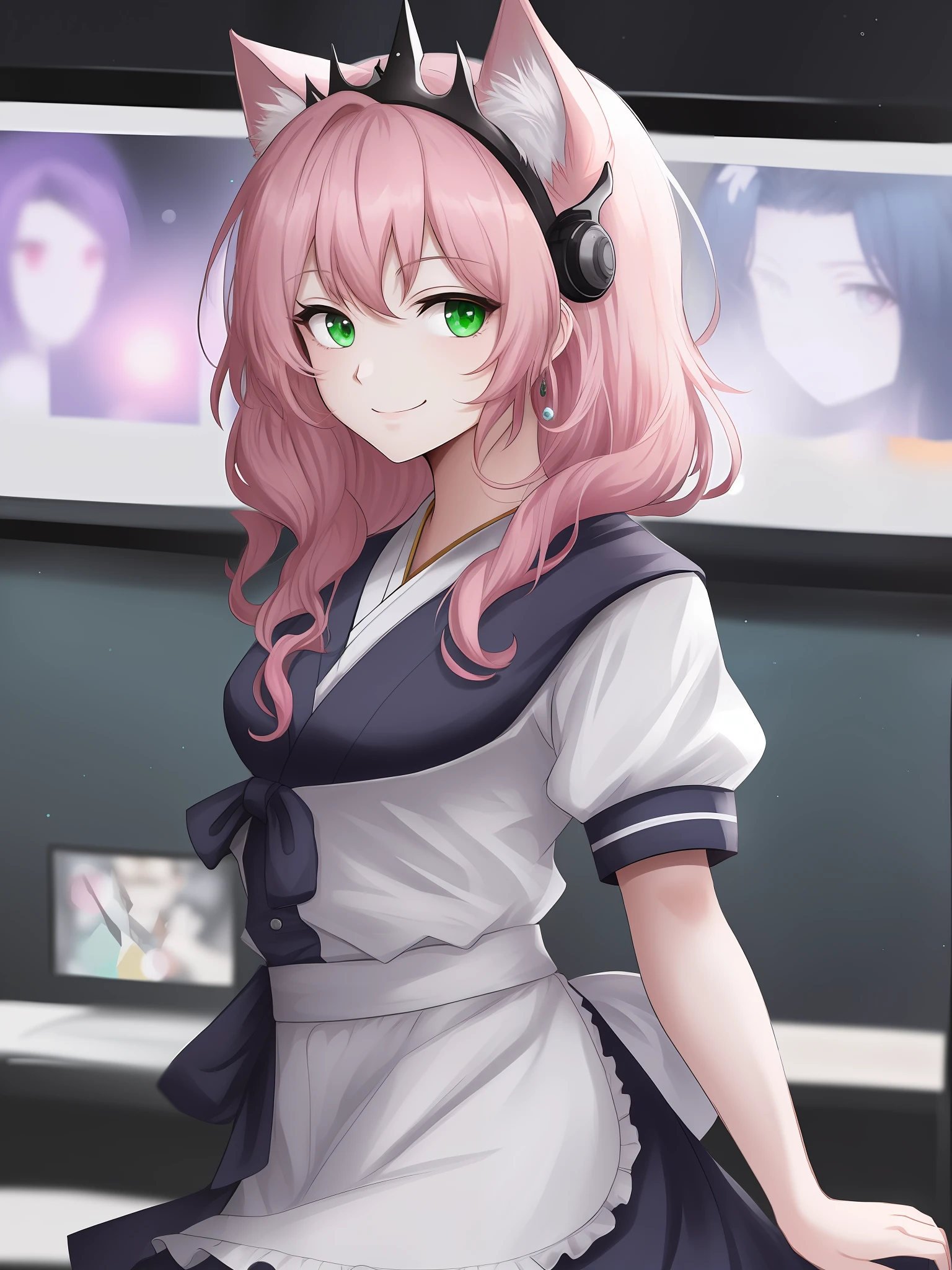 night scene,in a cyber café, close-up photo of a Maid girl (Japanese pop culture) posing, looking at a camera and smiling, typical hair wearing a tiara with pink cat ears, (green eyes: 0.8), handsome young face, 18 yo, soft volumetric lights, (backlit: 1.3), (cinematic: 1.3), intricate details, (ArtStation: 1.2)