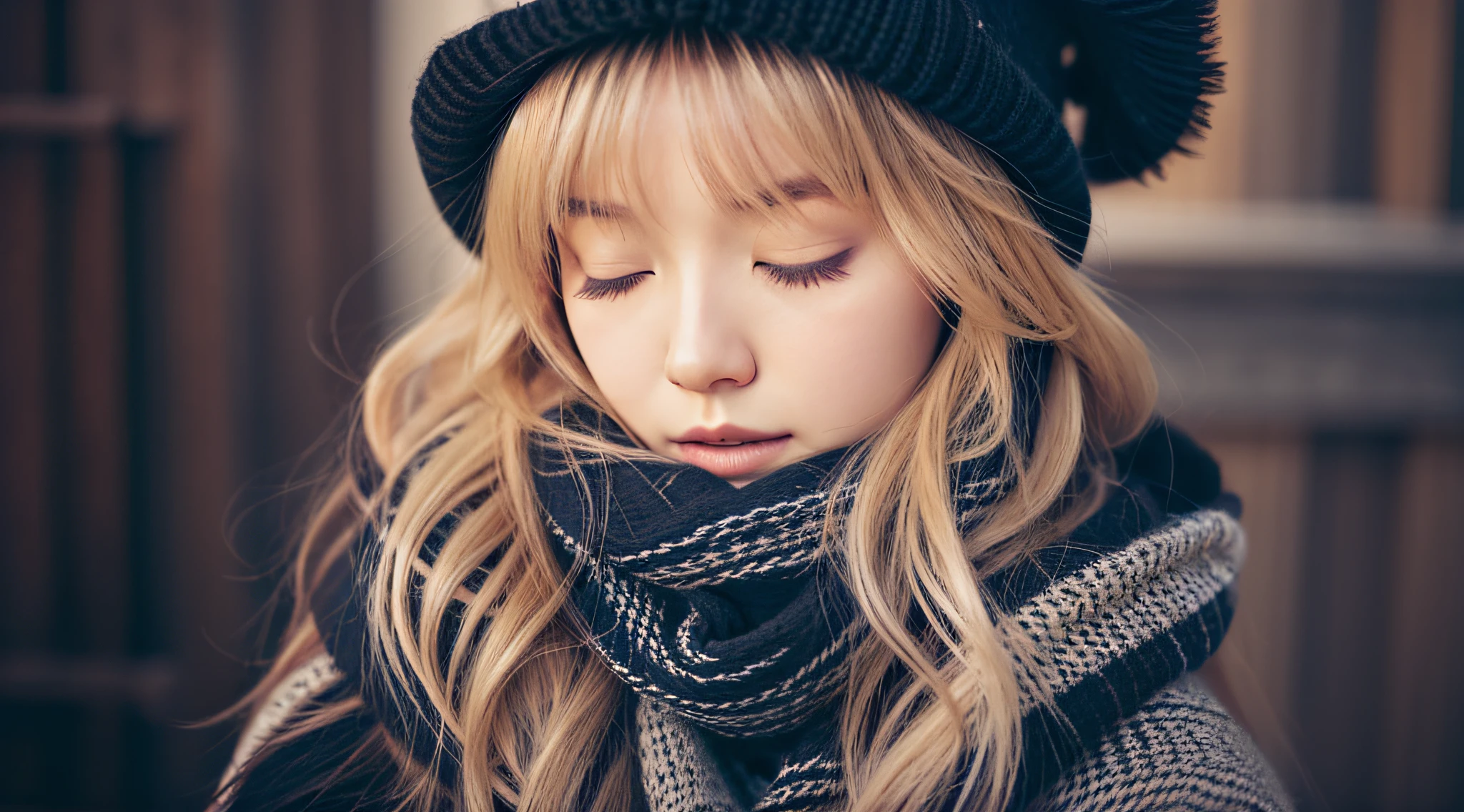 GIRL BLONDE CHILD with long hair TRANCE wearing a scarf and a hat, sleepy fashion model face, sleepy, sleepy expression, Marisa Kirisame, wearing cute BLACK scarf, prettier, sleeping, sick with a cold, Lalisa Manobal, Misa Amane*, very tired woman, sleeping, Takeyuki Kanda, Lalisa Manoban of blackpink
