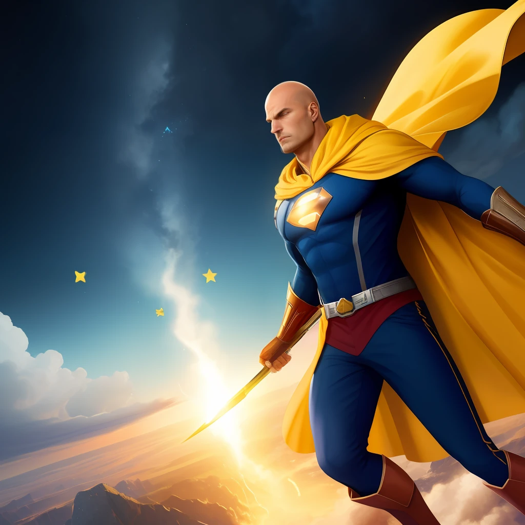 masterpiece, best quality, high quality, extremely detailed cg unity 8k wallpaper, an extremely colorful and purely fantasy environment, storng male bald superhero wearing a smerald blue armour with a yellow cape,yellow star symbol on the chest,yellow symbol on the forehead flying in the skys