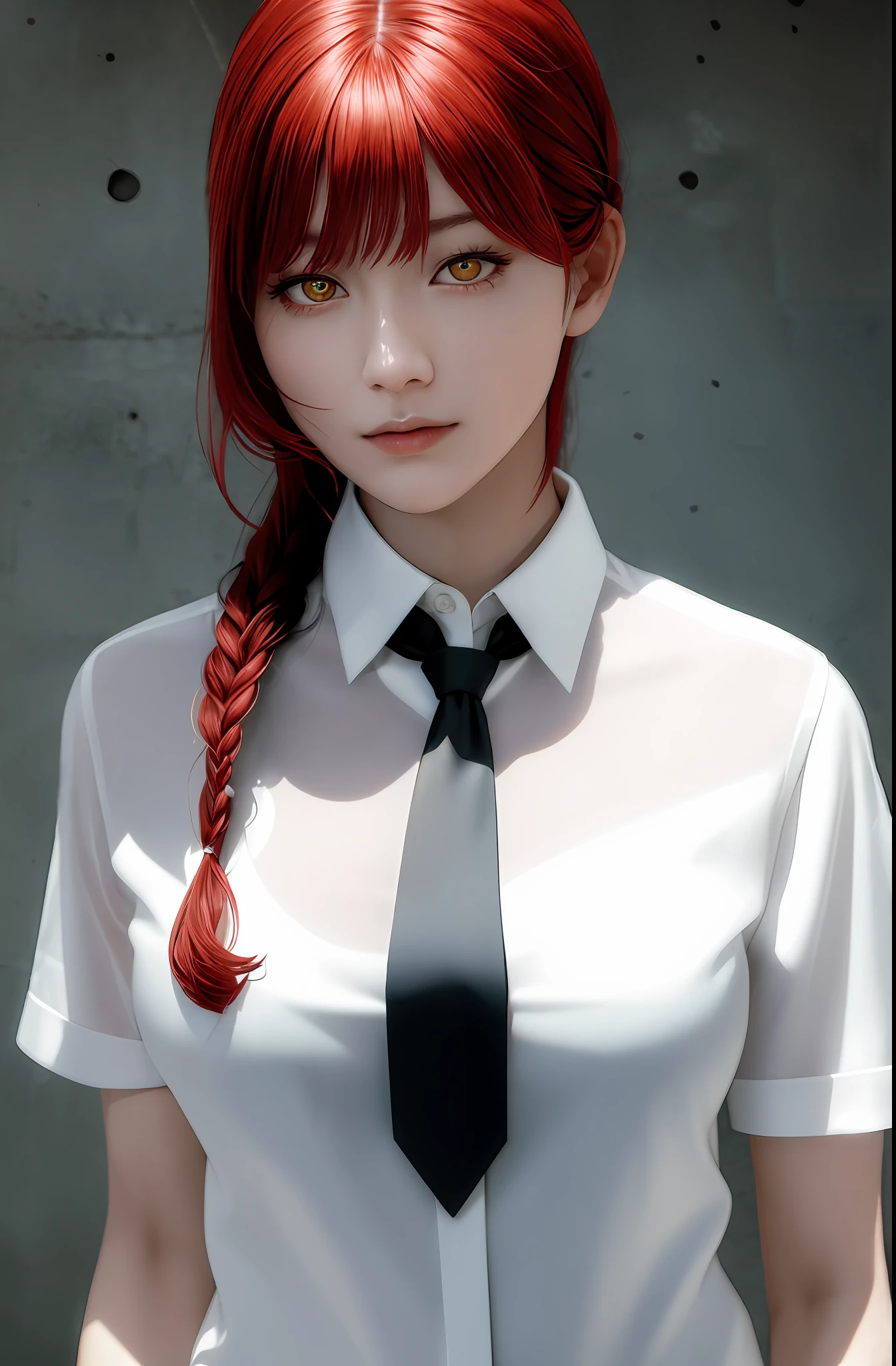 masterpiece, (photorealistic:1.4), best quality, beautiful lighting,
(ulzzang-6500:0.5), makima \(chainsaw man\), (red hair)+(long braided hair)+(bangs), yellow eyes, golden eyes, ((ringed eyes)), (see through shirt), (necktie),
RAW photo, 8k uhd, film grain ,naked