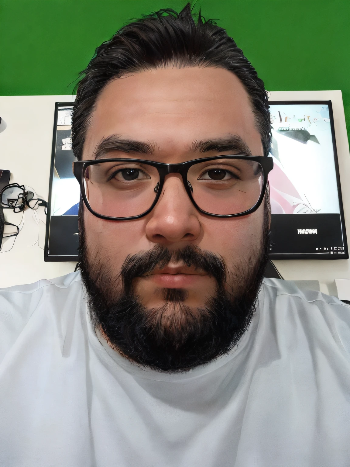 there is a man with glasses and a beard in front of a computer, 8k selfie photograph, frontal picture, twitch streamer / gamer ludwig, front facing the camera, msxotto, looking straight to camera, neckbeard, front camera, reddit post, looking directly at the camera, very very low quality picture, front facing camera, david rios ferreira --auto