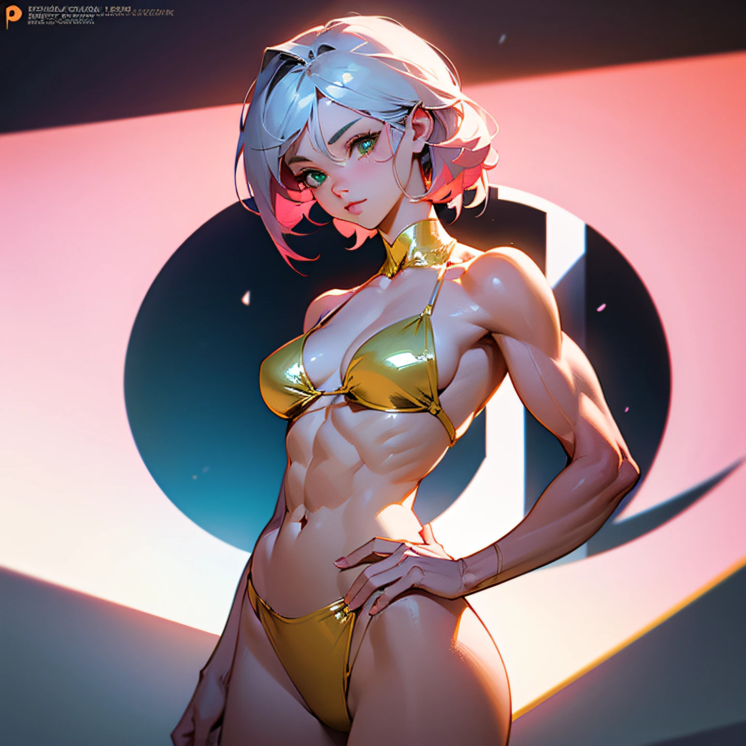 There is a woman in a golden bikini posing, pink hair, muscular, green eyes, silver hair, character is in her natural pose, cutesexyrobutts, soft anime cg art, photorealistic perfect body, beautiful seductive anime woman, realistic shaded perfect body, seductive anime girl, pinup art, redhead girl, soft digital concept art, bright white skin, extremely detailed artgerm --auto
