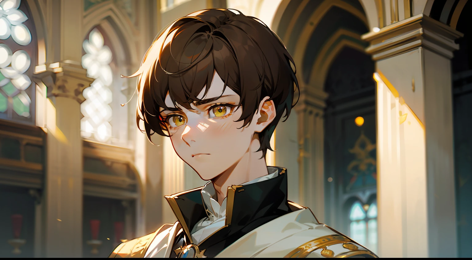 1man, cold prince, regal, palace courtyard, intricate background, neutral expression, emotionless, elegant, short brown hair, sharp hair, bangs over one side of his face, light yellow eyes, noble, pale skin, dull colors, royal clothes, looking away, 20yo, sharp focus, detailed face, solo, masculine, blurry foreground, cinematic lighting