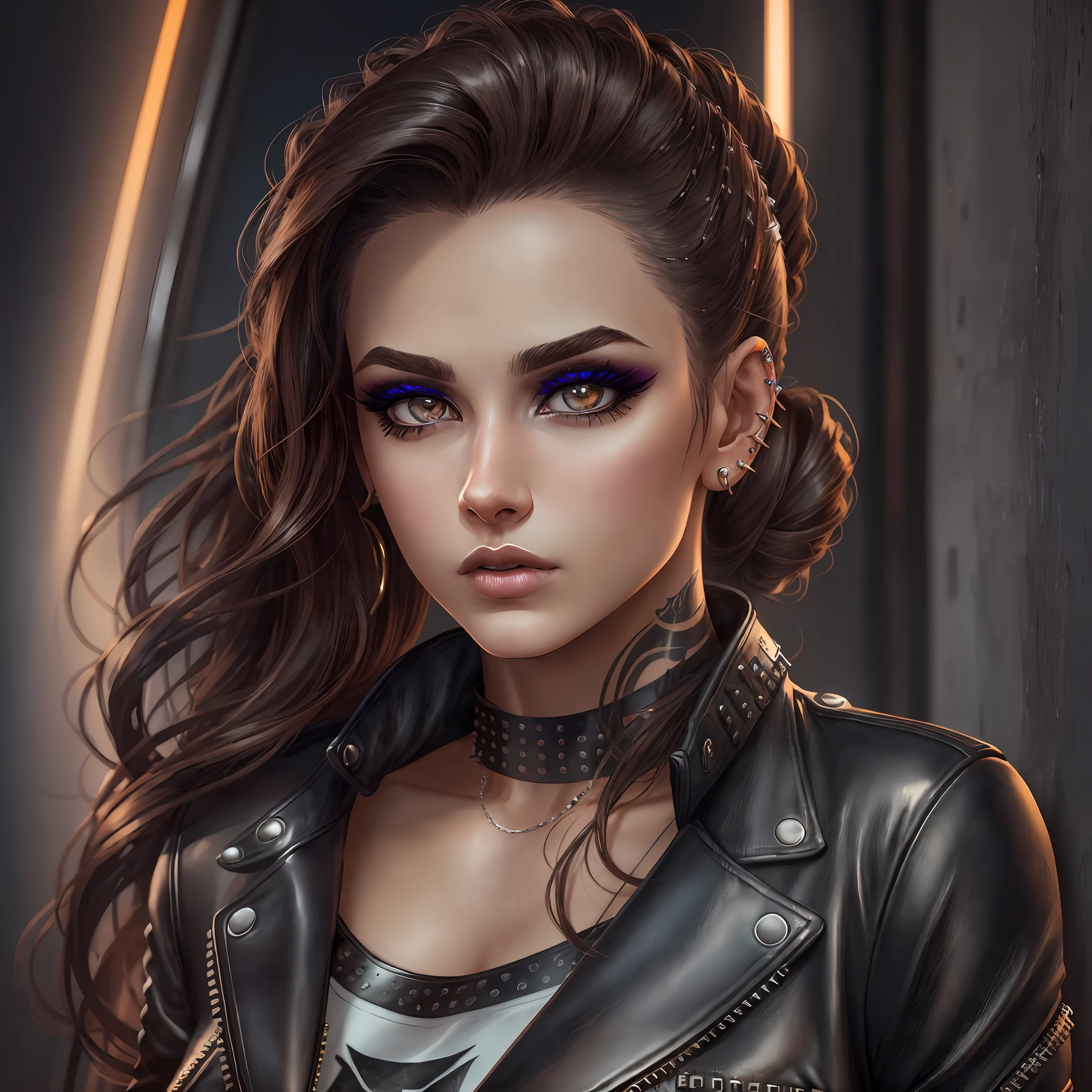 An ultra-realistic CG illustration of an american woman with a piercing gaze and bold makeup. She's wearing a leather jacket with a crop top, and her long hair is styled in a sleek updo.