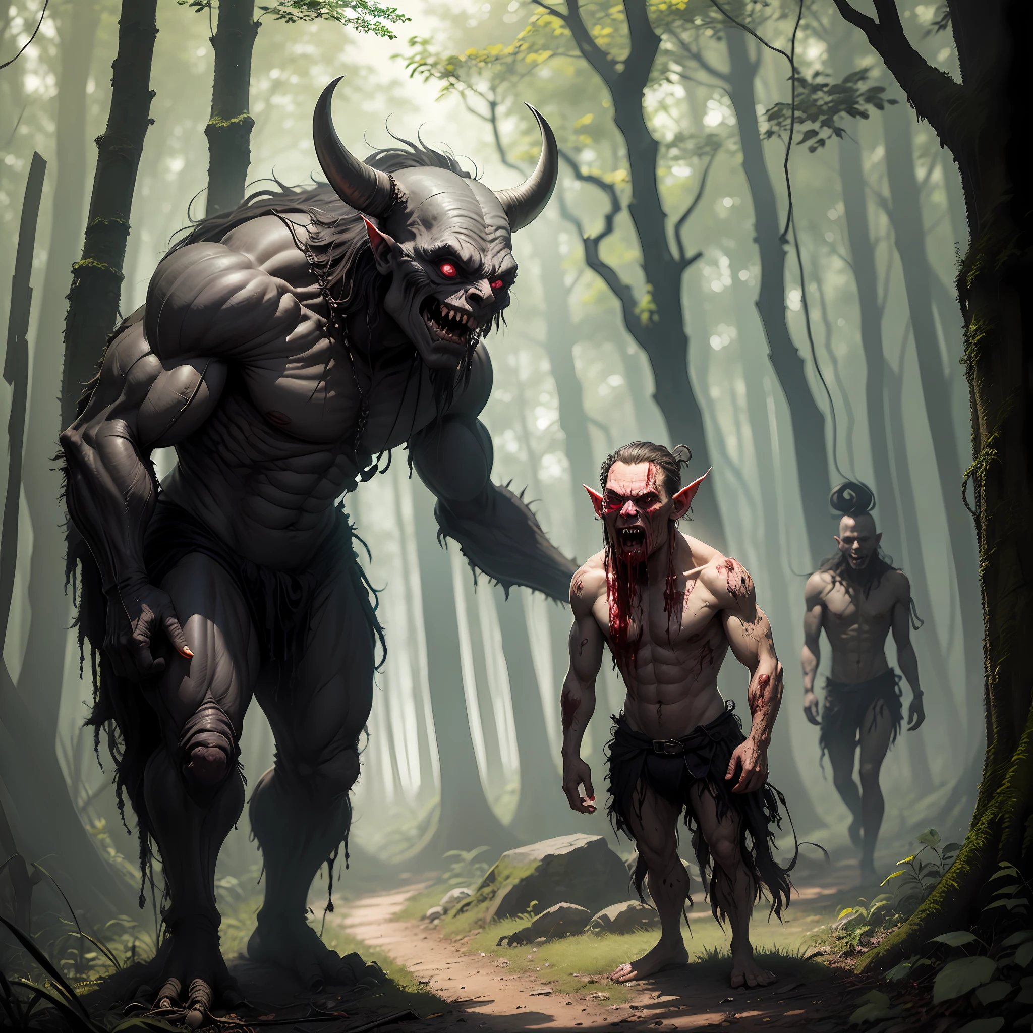 Skinny troll,bizarre,monstrous,in the forest,horror,blood