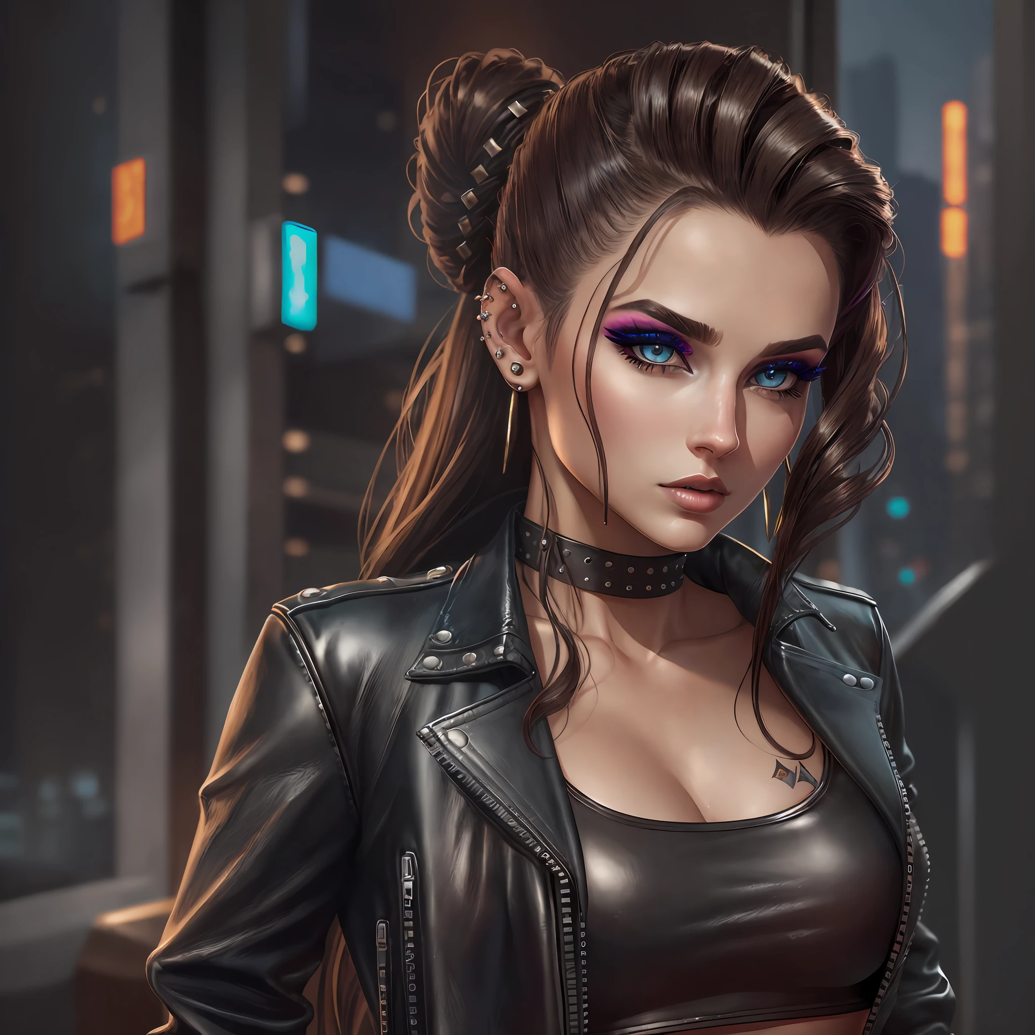 An ultra-realistic CG illustration of an american woman with a piercing gaze and bold makeup. She's wearing a leather jacket with a crop top, and her long hair is styled in a sleek updo.