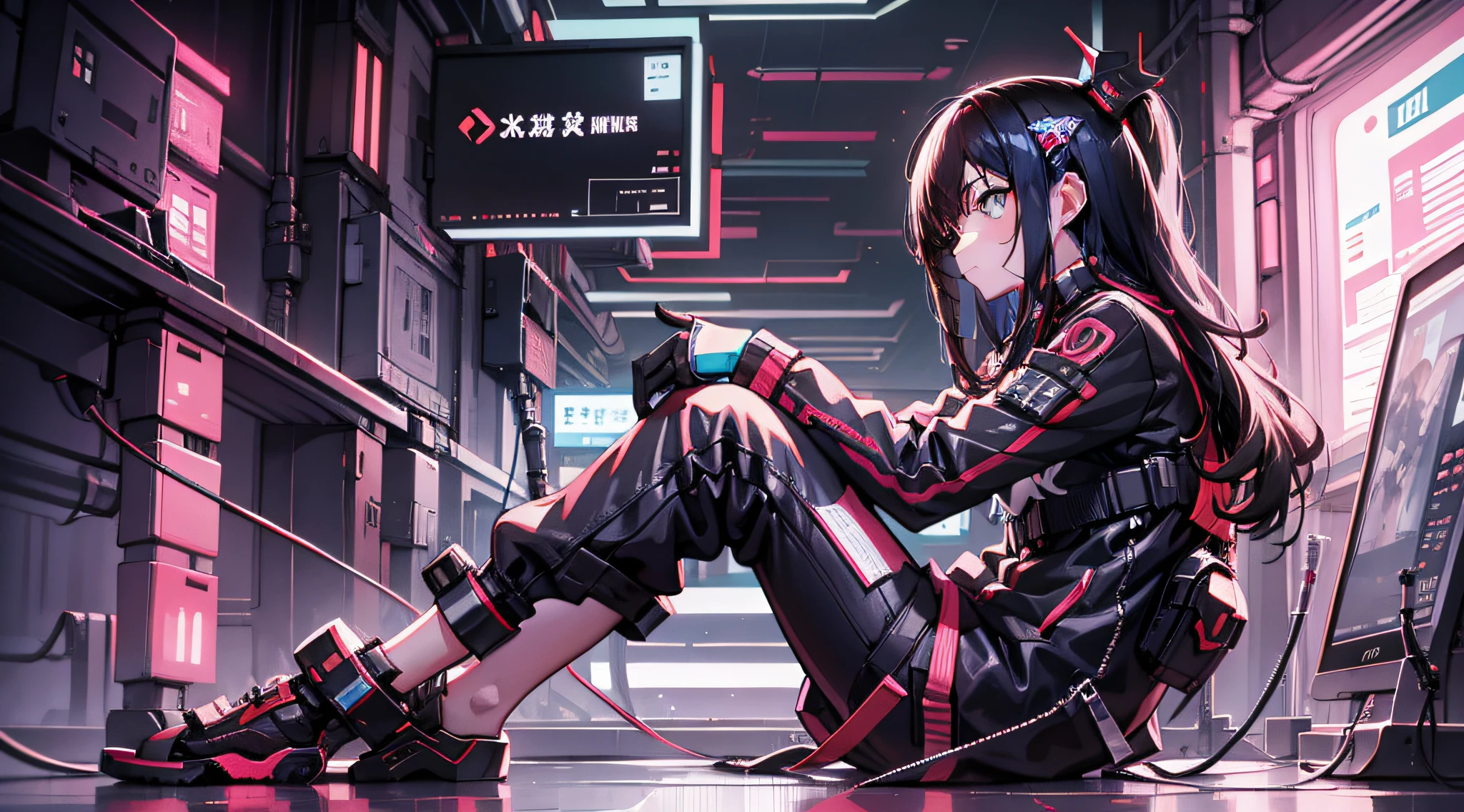 1girl, facing computer, side view, full body panorama, addicted to games, dementia, cyberpunk top, cyberpunk pants, cyberpunk background