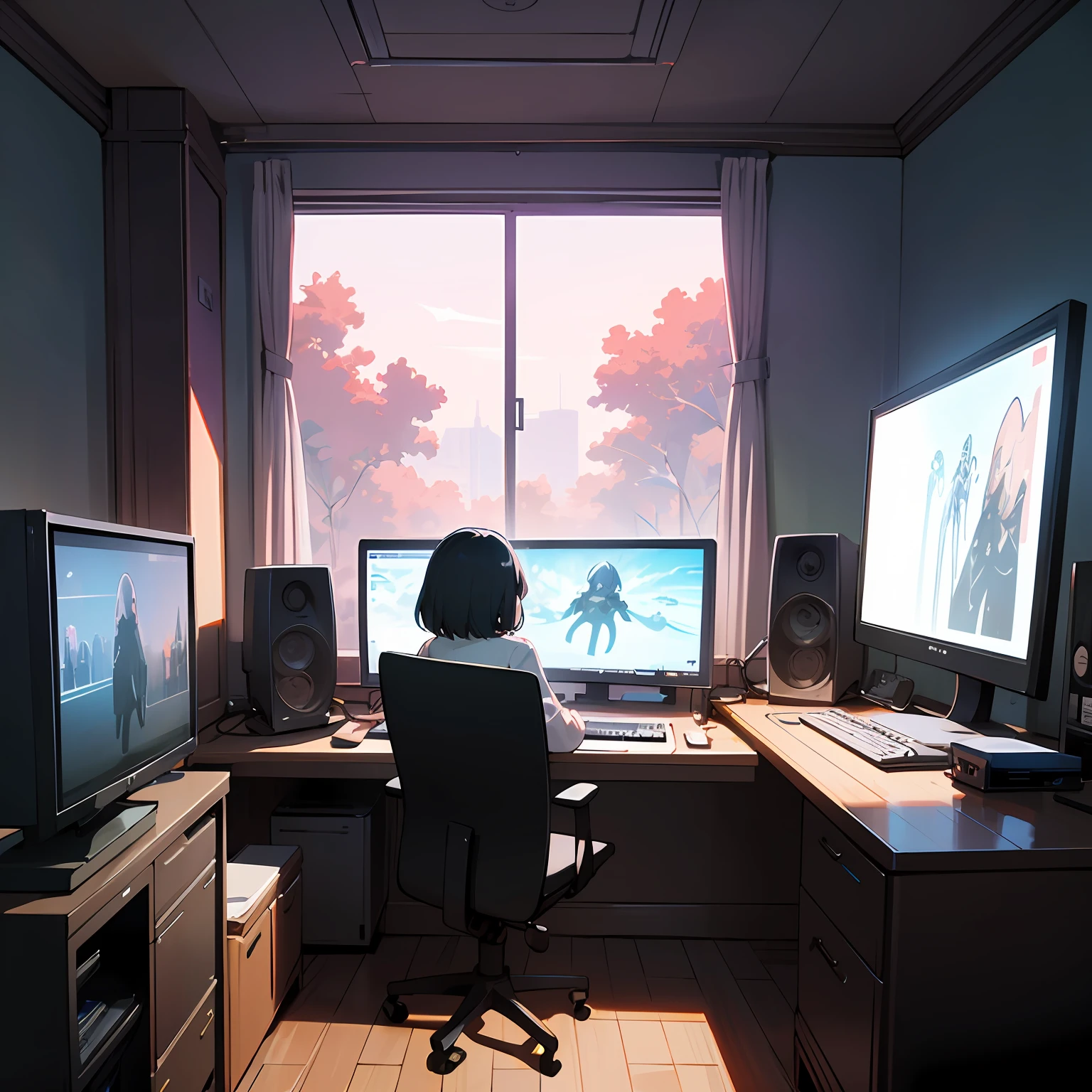 there is a computer desk with a monitor and a keyboard in front of a window, relaxing concept art, interior background art, 8k high quality detailed art, anime background art, ufotable studio art style, personal room background, cinematic matte illustration, atey ghailan 8 k, cartoon moody scene, lofi artstyle, relaxing environment --auto