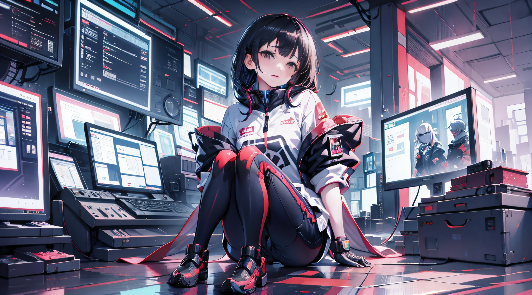 1girl, facing computer, full body panorama, addicted to games, dementia, cyberpunk top, cyberpunk pants, cyberpunk background