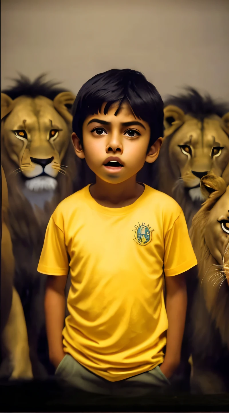 a close up of a young boy standing in front of a group of lions, jayison devadas, jayison devadas style, aslan the lion, still from a live action movie, scene from live action movie, king in yellow, lions, from slumdog millionaire, ayan nag, realistic artwork, movie promotional image, thought-provoking, realistic cgi