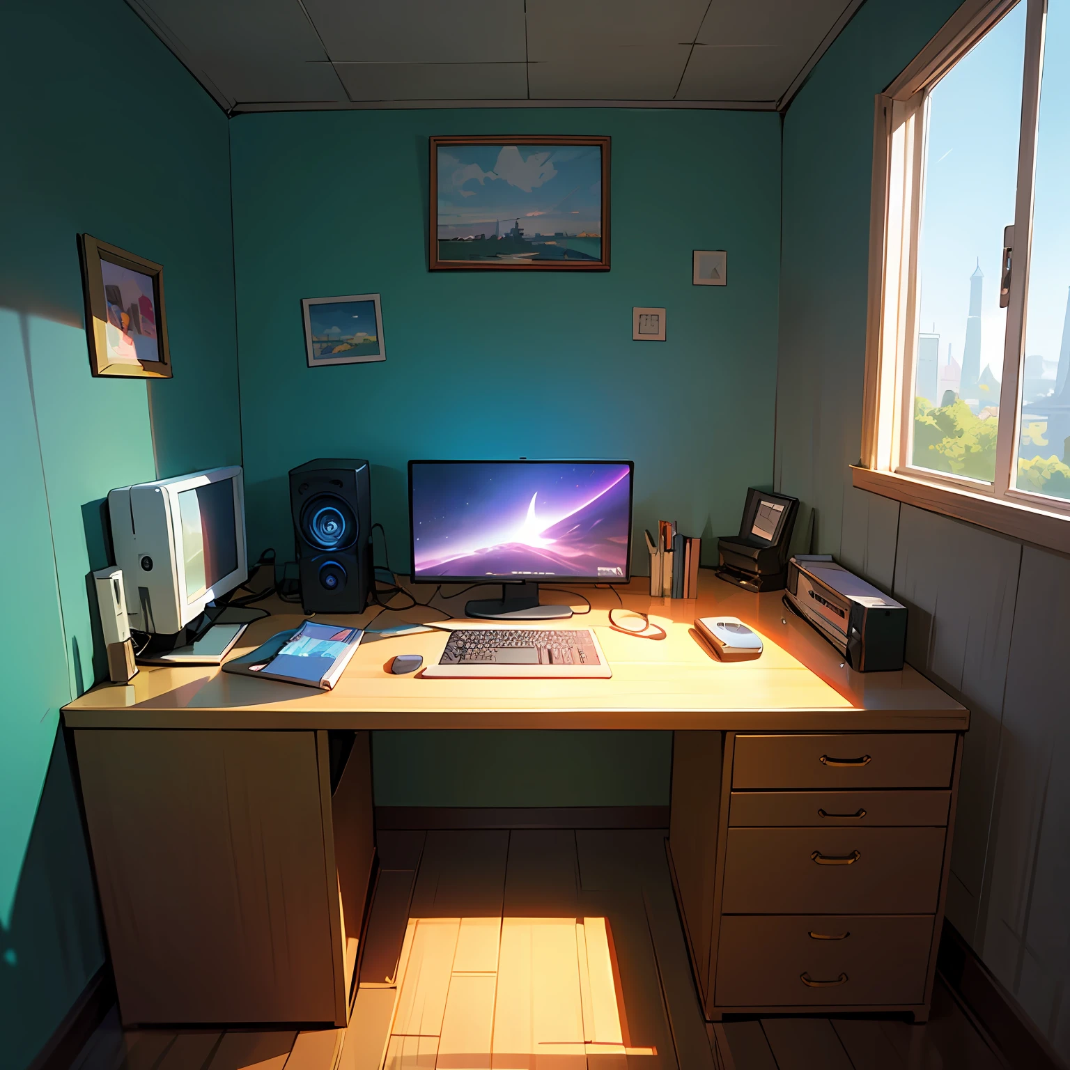 there is a computer desk with a monitor and a keyboard in front of a window, relaxing concept art, interior background art, 8k high quality detailed art, anime background art, ufotable studio art style, personal room background, cinematic matte illustration, atey ghailan 8 k, cartoon moody scene, lofi artstyle, relaxing environment --auto