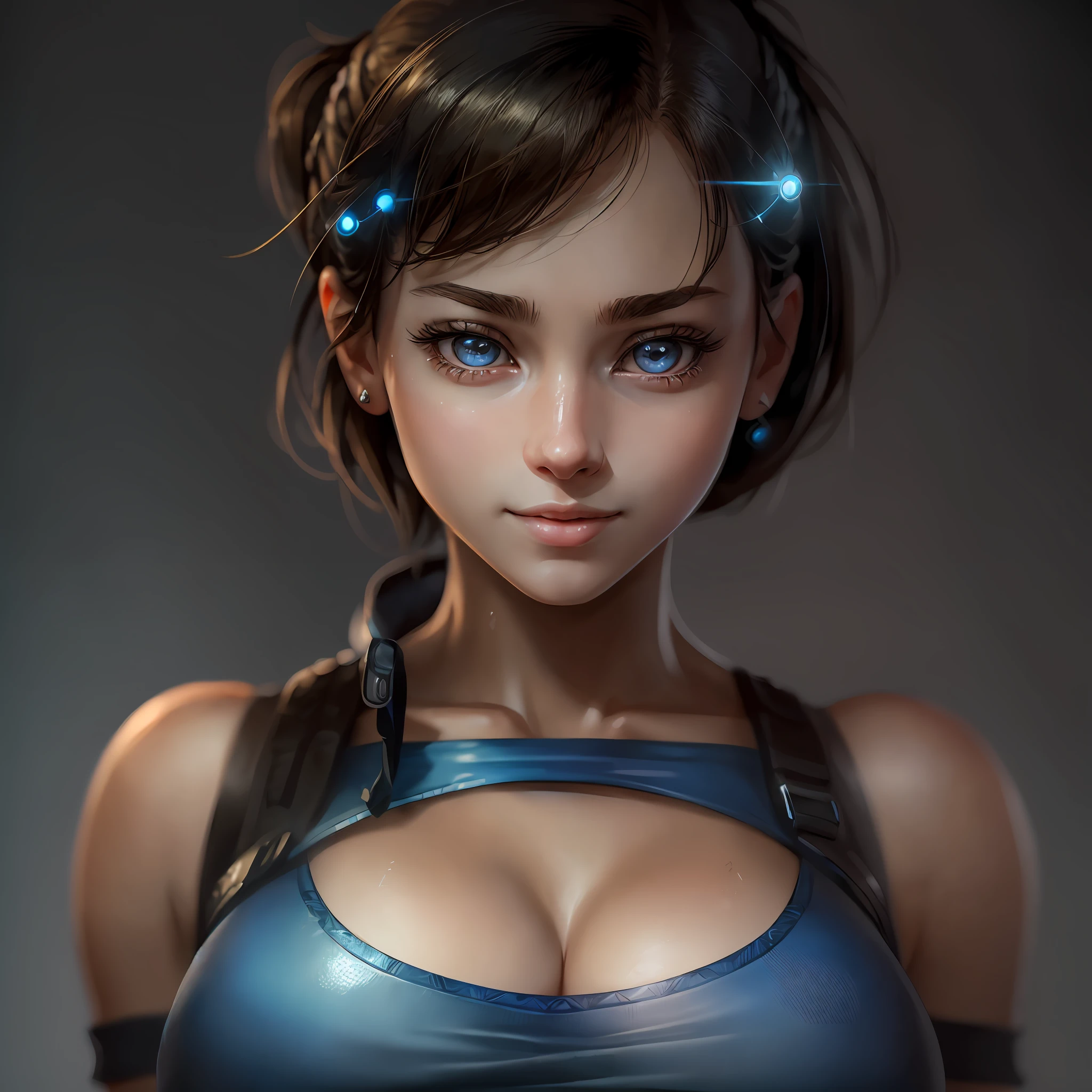 (masterpiece), (best quality), highly detailed, HDR, 1girl, solo focus, skindentation, perfect face, cheerful swollen face, gorgeous face, big eyes, puffy eyes, perfect eyes, eyelashes, Jill Valentine, medium black hair, upper body, medium breasts, cleavage, blurry background with lights