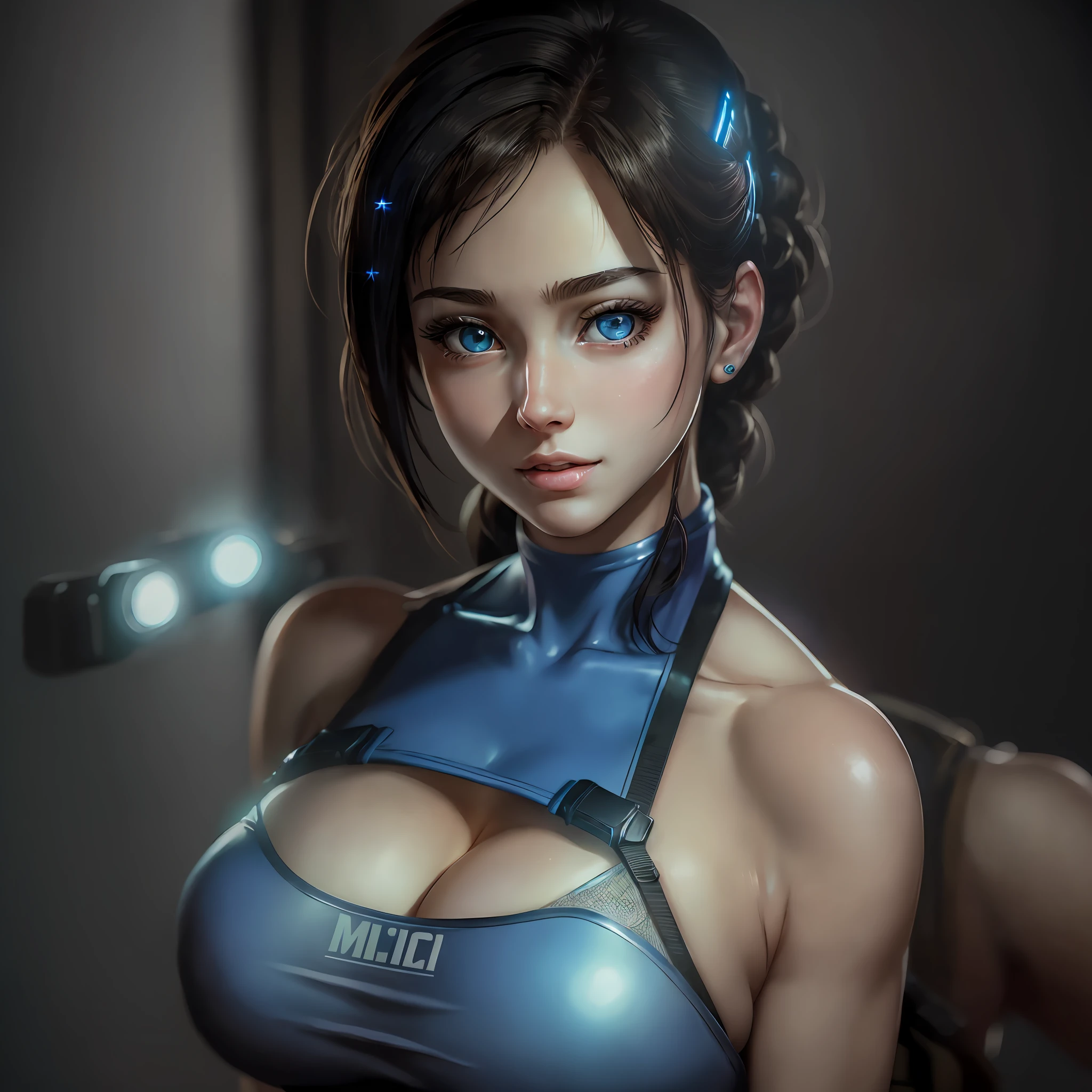 (masterpiece), (best quality), highly detailed, HDR, 1girl, solo focus, skindentation, perfect face, cheerful swollen face, gorgeous face, big eyes, puffy eyes, perfect eyes, eyelashes, Jill Valentine, medium black hair, upper body, medium breasts, cleavage, blurry background with lights