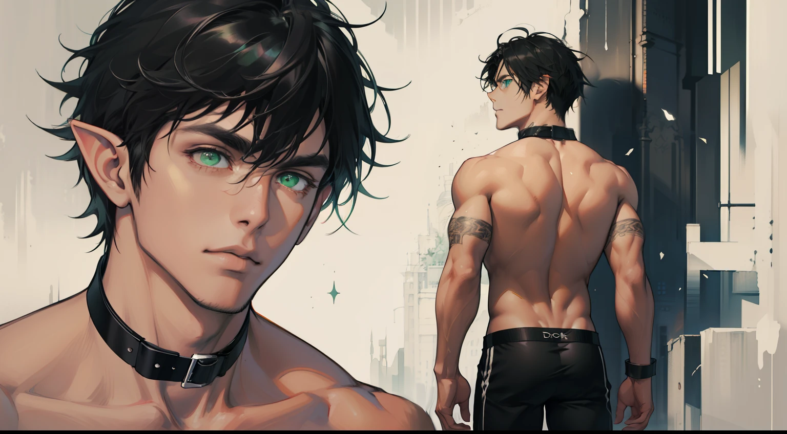 (absurdres, highres, ultra detailed), 1 male, elf adult, handsome, tall slender guy, narrow eyes, narrow shoulders, finely detailed eyes and detailed face, messy shaggy black hair, side bangs, bangs, green eyes, sexy twink, shirtless, final fantasy 14, dog collar, full body shot, backside, back view, submissive expression, bad boy