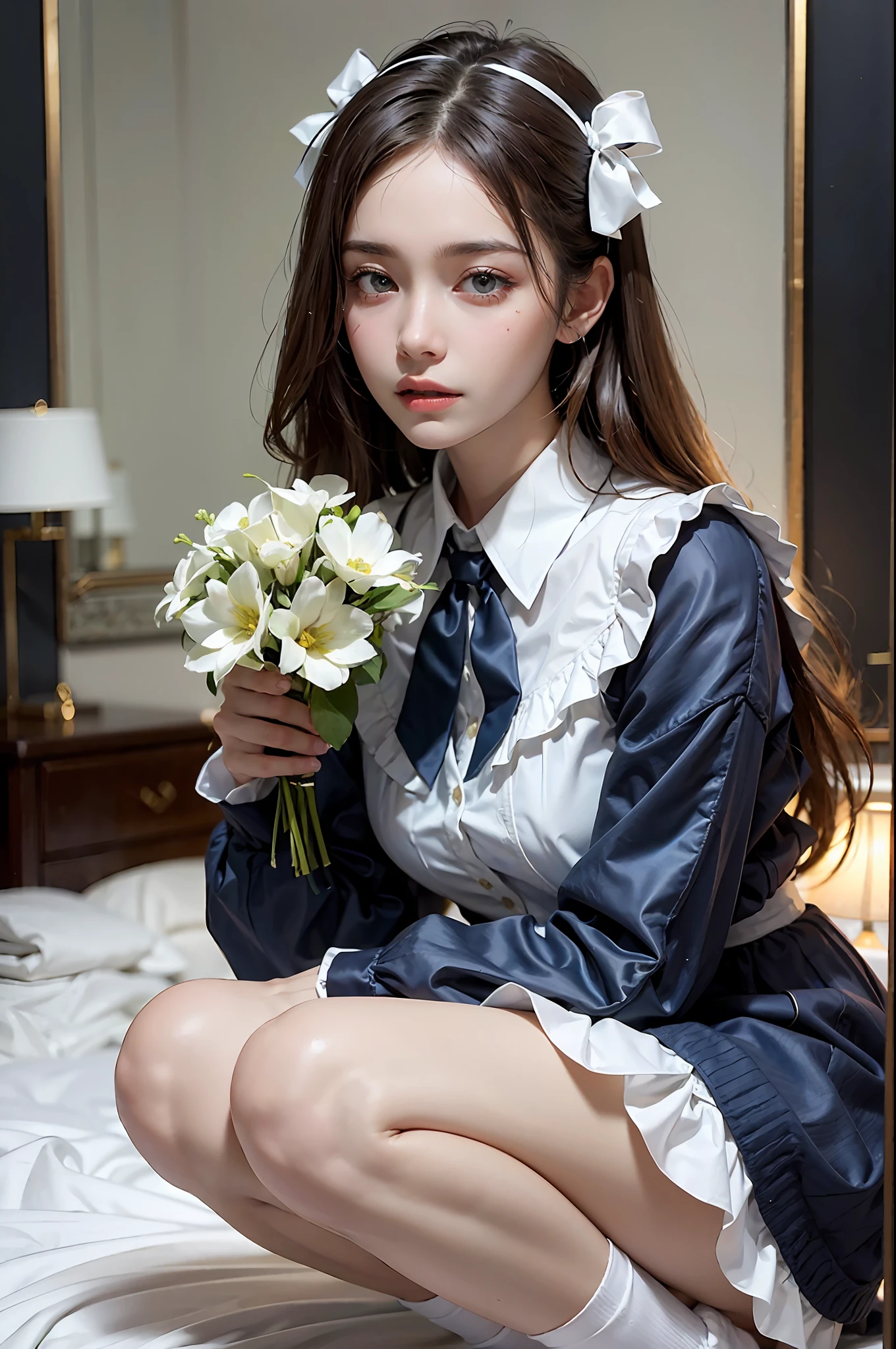 (realisitic、Photorealsitic:1.4), (8K、Raw photography、top-quality、​masterpiece:1.2)、cute little、ultra-detailliert、Heart-shaped pupil、physically-based renderingt、超A high resolution、Look at viewers、Photorealistic、Realistic、Solo, Photorealistic、top-quality、extra detailed face、extremely detailed eye and face、beatiful detailed eyes、 Adult woman in Lolita style posing for photo, Erotic look, Full body!!, angelic pretty, A dark-haired、pale-blue、Erotic Poses, white  panties, White ruffled socks, (Standing Pose), Background of the majestic temple
