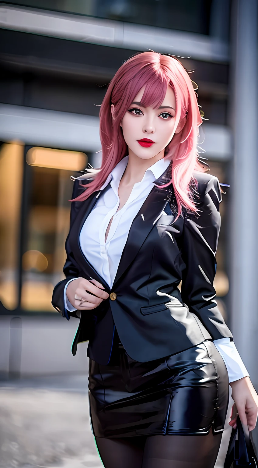 best quality, (masterpiece: 1.2), 1girl, red lips, Beautiful face, beautiful eyes, (photo realistic:1.3), rim lighting, (high detailed skin:1.2), 8k uhd, dslr, high quality, high resolution, 4k, 8k, Bokeh, absurdres, best ratio four finger and one thumb, (realistic:1.3), cute 1girl, wearing black formal blazer, short skirt, black pantyhose, pink hair