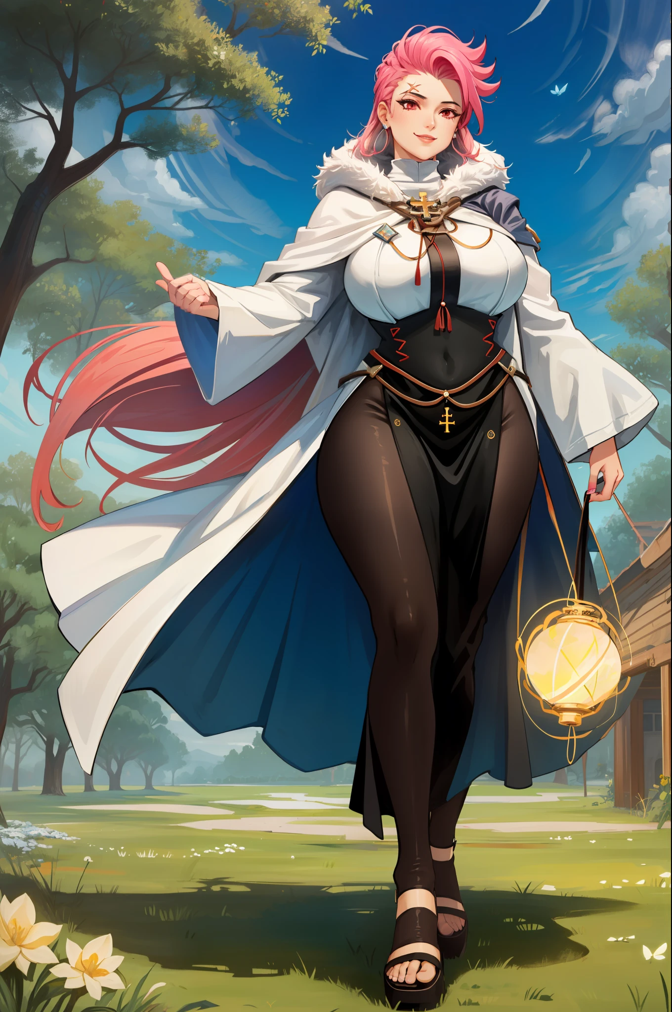 (masterpiece, best quality), intricate details, 1girl, zarya,Gothic, huge chest, tall woman, curved, f, long hair, christian, alone, catholic, latin cross,, forest city, plants, walking, smile, smile, ,fur clothes, wizard, medieval, village,tights, portrait, long skirt, long dress, flip-flops, , huge breast, , , 1gir,1character, walking,long skirt, red eyes, walking,female,fantasy goddess,there is a cartoon picture of a woman with a very large breast, glowing angelic being, glowing holy aura, inspired by Luma Rouge, the non-binary deity of spring, ethereal rainbow nimbus, the butterfly goddess of fire, inspired by Marie Angel, glowing aura around her, astral fairy, as the goddess of the sun, “uwu the prismatic person, big breast, happy, beautiful eyes, , full body, walking, long robe, long dre, , nun, priestess ,holy, venus body, curvy, huge breast, forest, long skirt, coat, very long skirt,coat, europe, france, french, pantyhose, walking, pink hair, smile, happy,long skirt , long dres