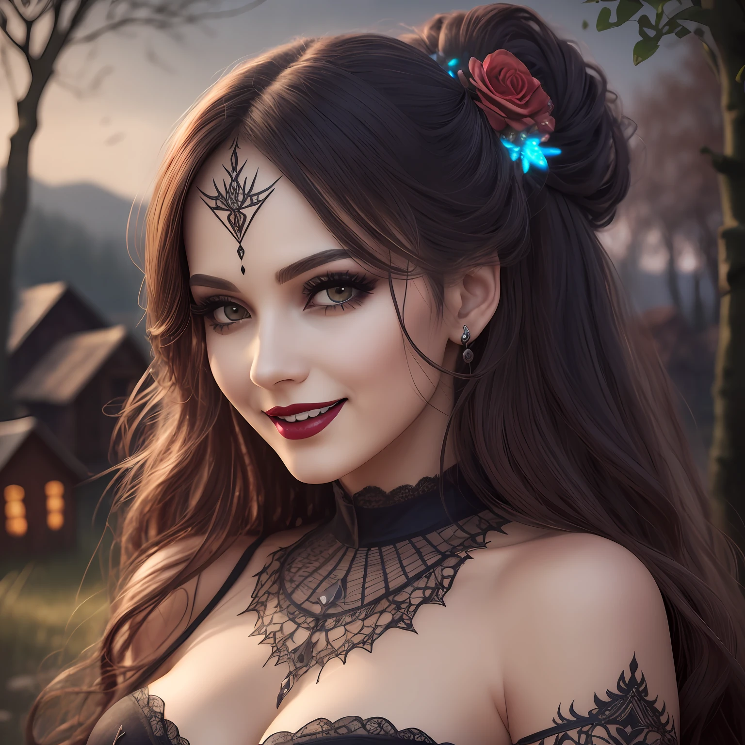realistic, a photo of a beautiful gothic horror woman in a black lake, beautiful woman, cheerful face with smile, hair ornament, unsettling horror, professional, (Extremely detailed: 1.2), glow effects, goddesses, intricate details, sharp focus, dramatic, photorealistic, tribal village, wooden village, forest background with hills on the horizon and some wooden houses in the distance, sharp contrast, many colors, large breasts, cleavage, princos and cord, lipstick and gothic makeup, colorful langerie with dark colors with lace