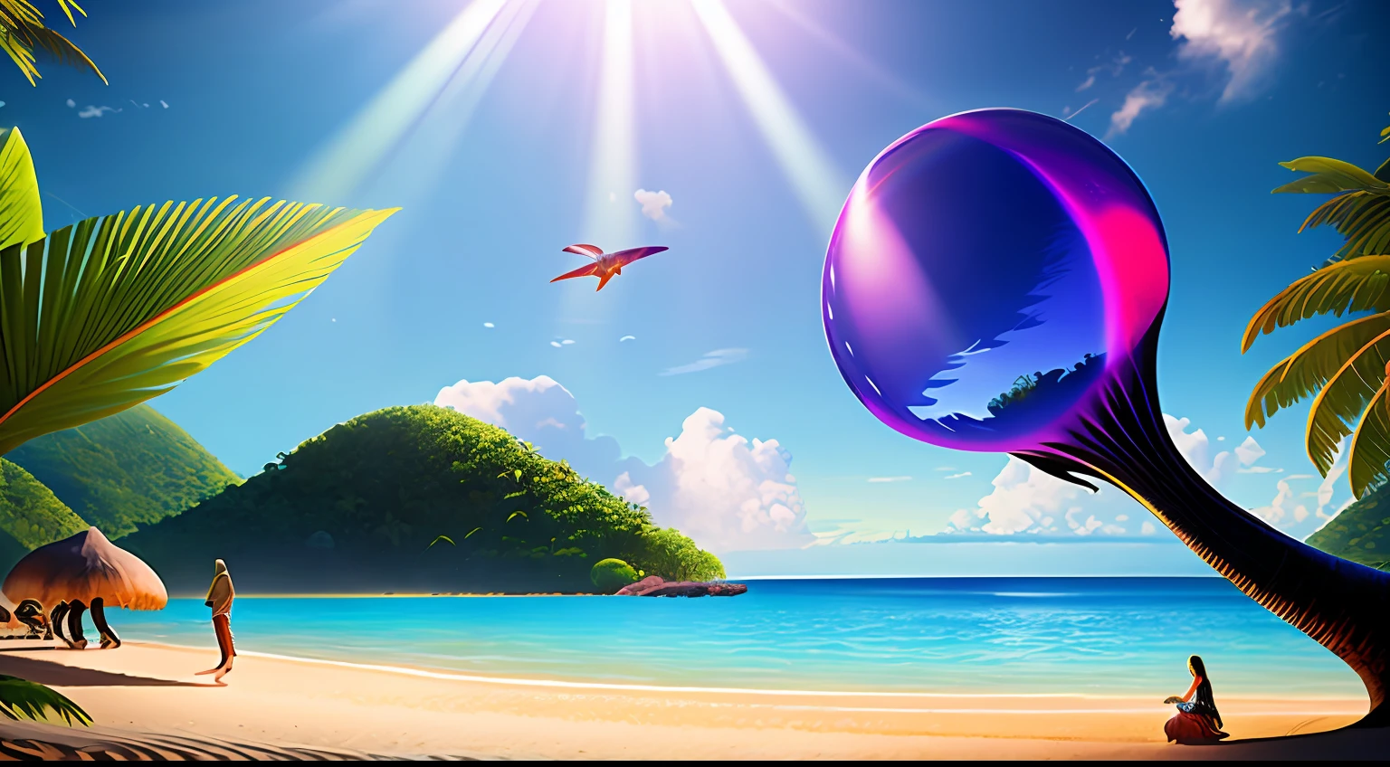 concept art, fantasy,wallpaper, parallel world,surreal art,  bright sunlight, very sunny, summer sun,  tropical jungle, tropical beach, alien tropical world, beautiful beach, sunlight, summer, many islands floating in the air, alien tropical plants, tropical alien plants, tropical alien otherworldly flowers, concept art, fantasy, extreme details, realistic light, magnificent composition, (intricate detail), (intricate design, ultra detail: 1.2), photorealistic, (masterpiece, best quality), ultra hd, 32K --v 6